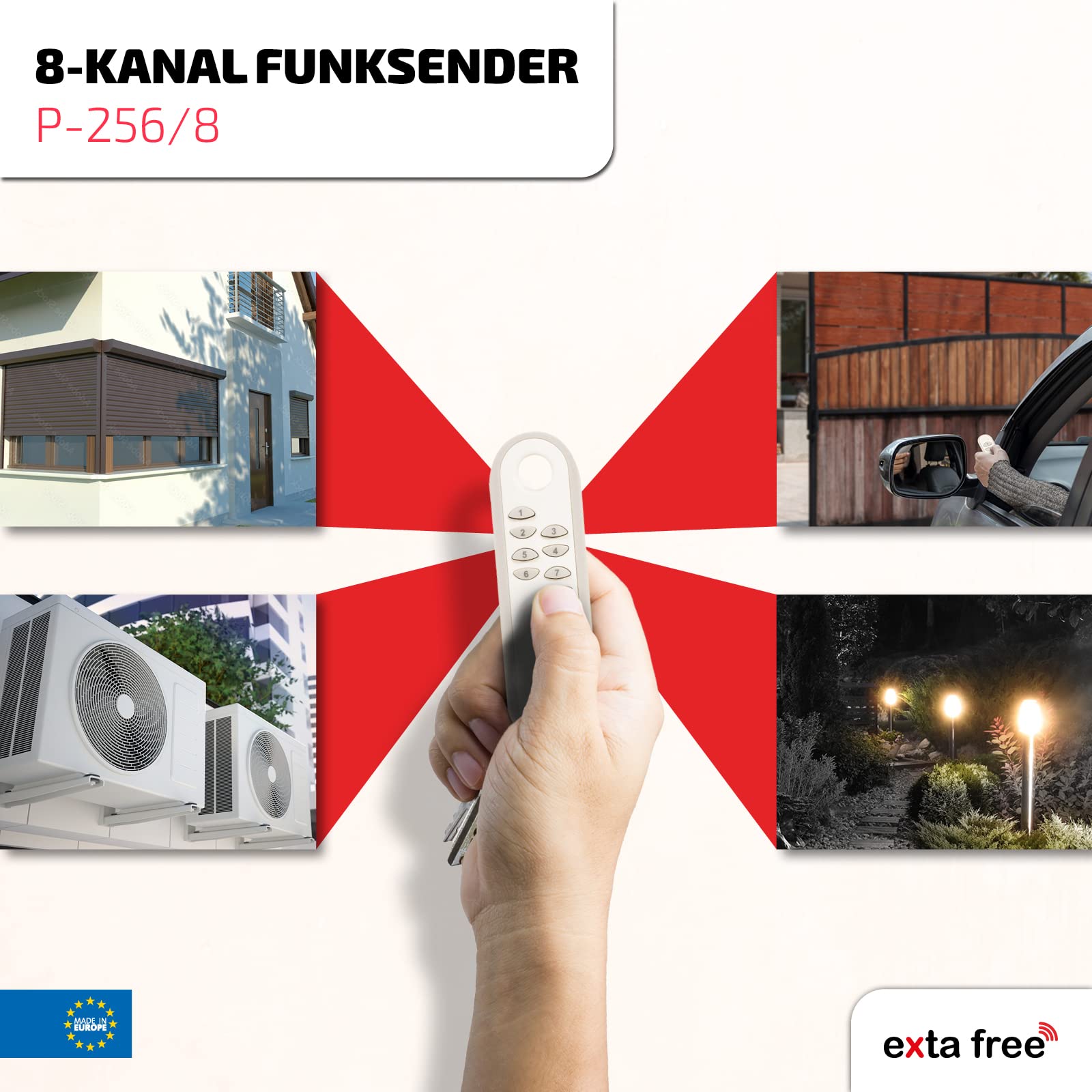 EXTA FREE Fernbedienung Fernsteuerung Funkschalter 8 Kanäle Beleuchtung Tor Rollladen Lichtintensität Steuerung Kabellos P-256/8