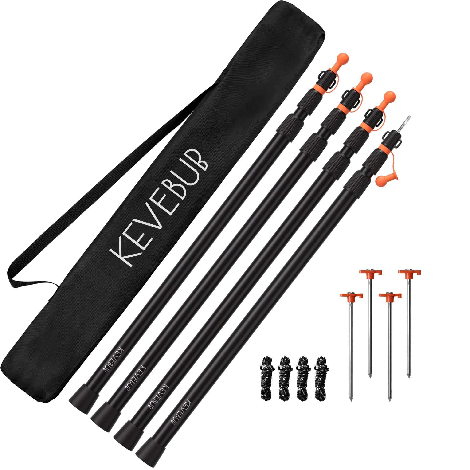 KEVEBUB Adjustable Tarp Poles, Heavy Duty Ultra-Light 6063 Aluminium Telescoping Tent Poles (90-230cm) with Twist Lock System, Anti-Puncture Cap for Camping Awning Canopy - Set of 4