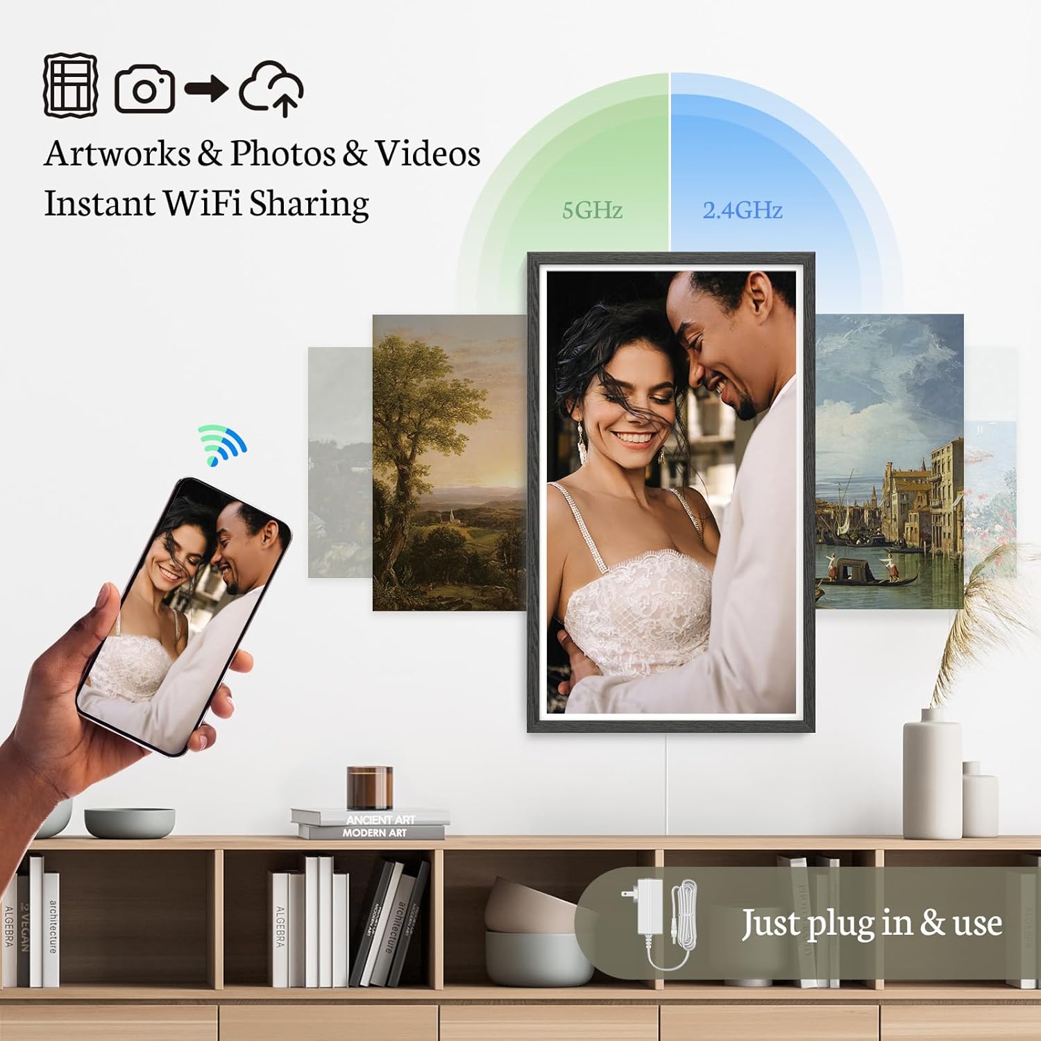 Digital photo frame with power adapter and 'Just plug in & use' text