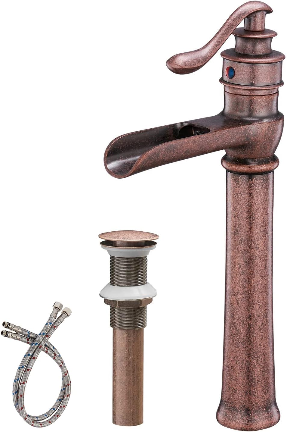 Copper Vessel Sink Faucet Waterfall Bathroom Antique Single Handle One Hole Tall Body with Pop Up Drain Stopper Without Overflow Bath Basin Lavatory Vanity Mixer Tap Supply Line Tall Body