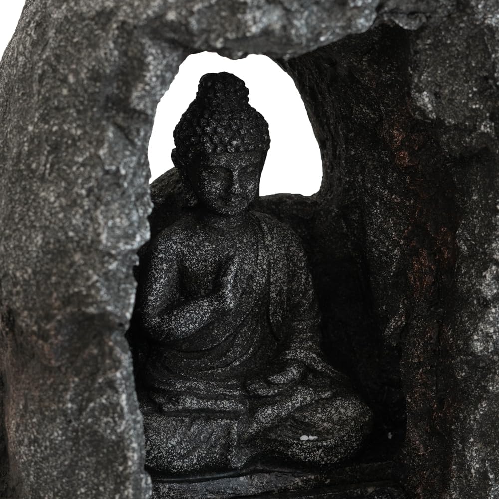 Table Top Waterfall, 14” Sitting Buddha Waterfall Fountain with LED Light, Traditional Accent Decorative Tabletop Raindrop Water Fountain, for Indoor Outdoor Meditation, Gray