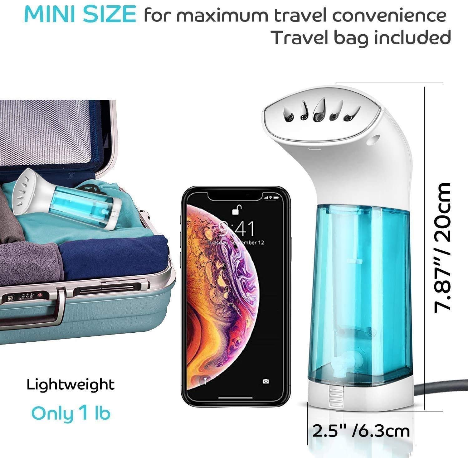 Vaporiera per abiti da viaggio e per la casa - Vapore portatile portatile per indumenti e tessuti - Sicuro e poco maneggevole - Mini vaporizzatore compatto per vestiti e tende, 100 ml di acqua stacc