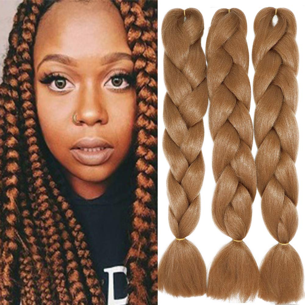 60cm Pelo Sintetico para Trenzas Africanas Extensiones de Cabello Jumbo Braids Crochet Braiding Hair Extensions 3PCS (Castaño claro)