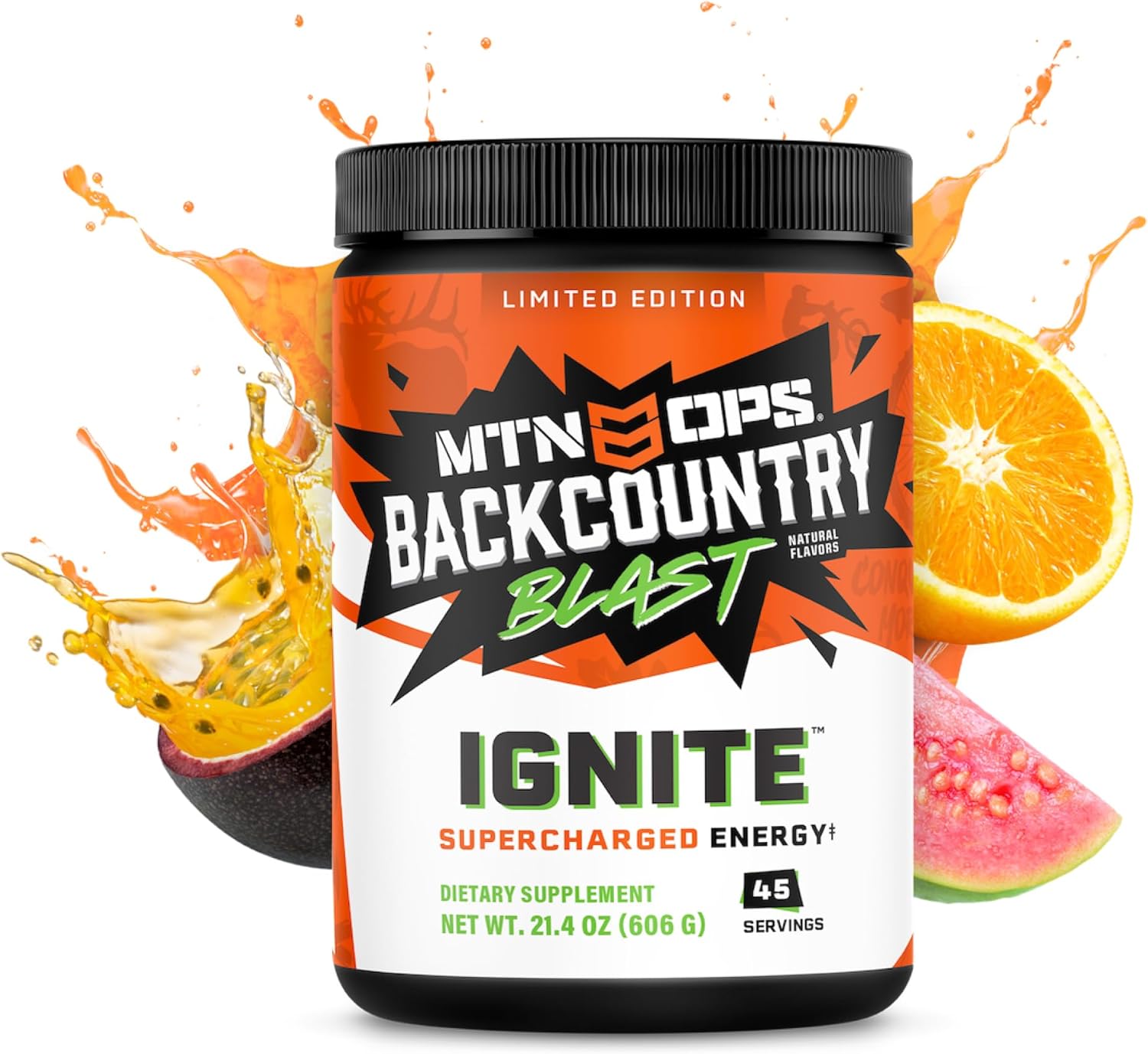 MTN OPS Ignite Energy Drink Powder, Gluten Free Nitric Oxide Supplement Drink Mix, L Arginine, L Citrulline, Caffeine & Nootropic Sugar Free Drink Mix, 45 Servings, Backcountry Blast
