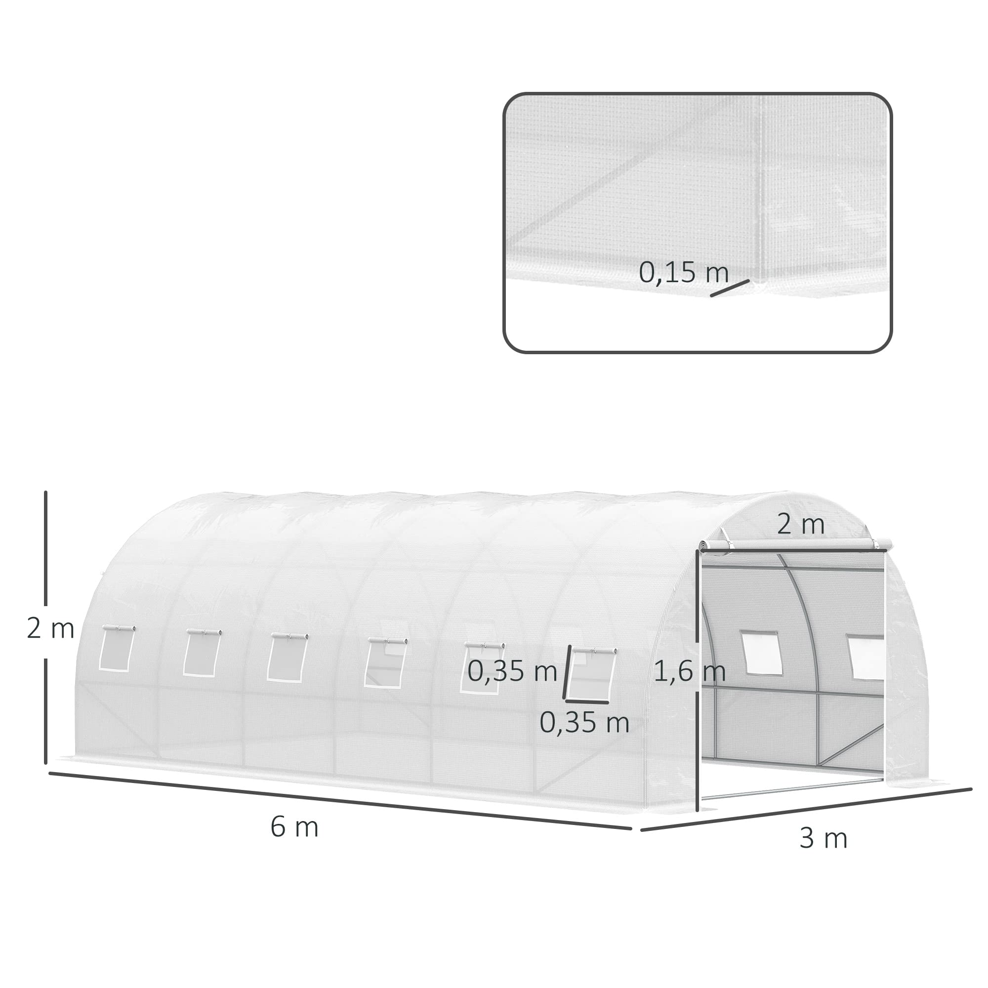 Outsunny Serra tunnel con porta arrotolabile 6x3x2 m Bianca | Con porta arrotolabile, 12 finestre, copertura PE 140 g/m², metallo zincato, per colture, piante, verdure