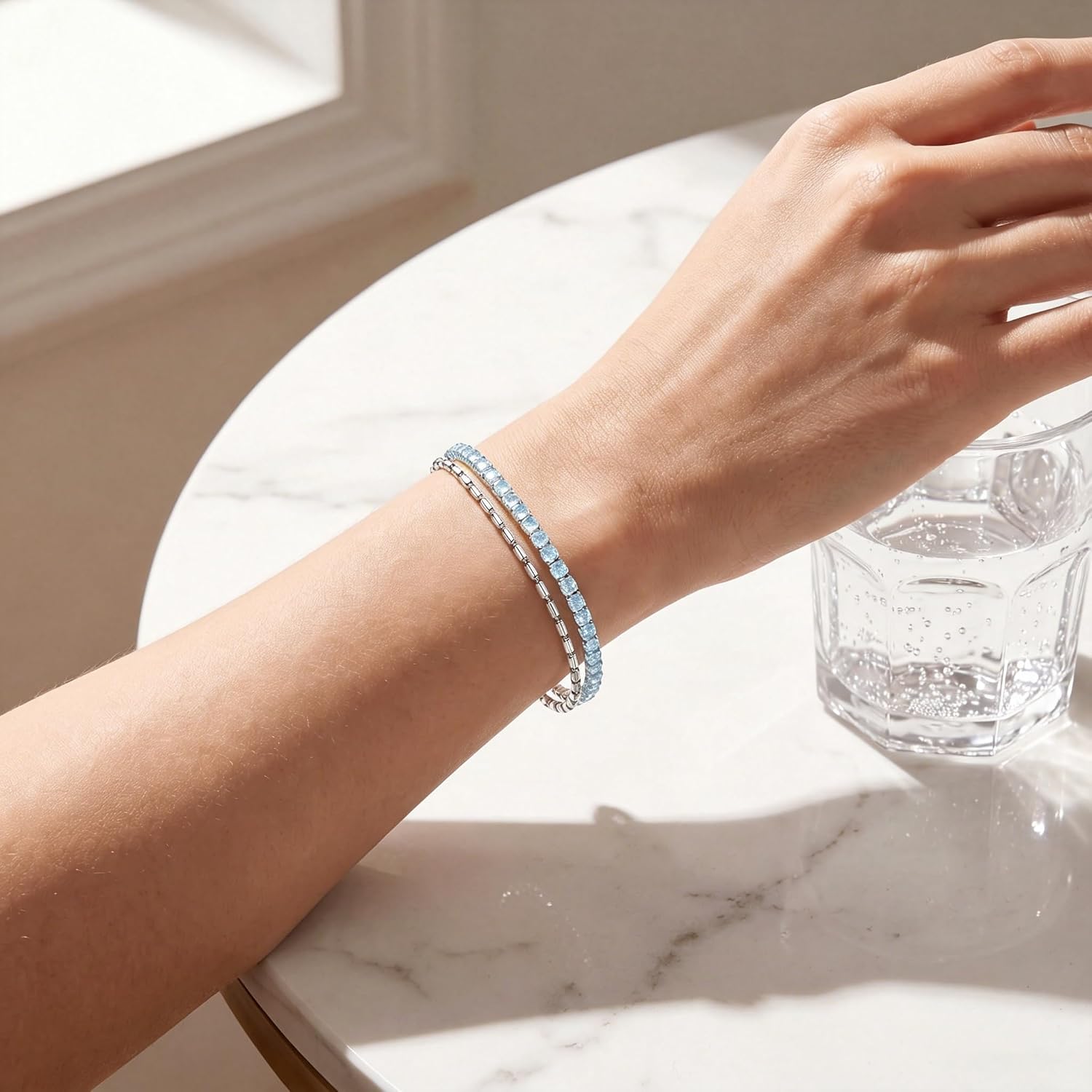 Tennis Bracelet for Women, Dainty Sparkling Cubic Zirconia Bracelet Adjustable Double Rhinestone Wrist Chain Stackable Anniversary Birthday Graduation Gifts for Women Men with Gift Card & Box