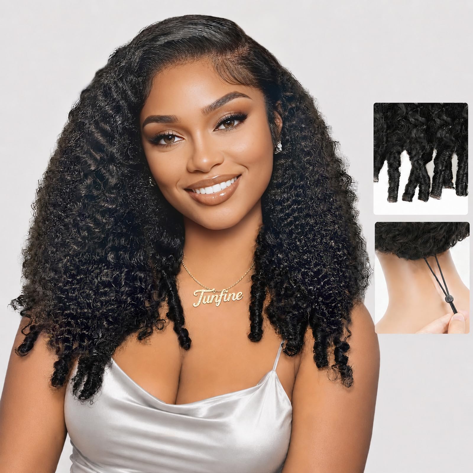 Tunfine C-side część burmese kręcone 6x6 sznurowane sznurki ludzkie włosy 50 cm | 200% Gęstość Peruka z Włosów Ludzkich Pre Plucked Pre Cut z Spiral Curly Ends, Glueless Natural Color Wig