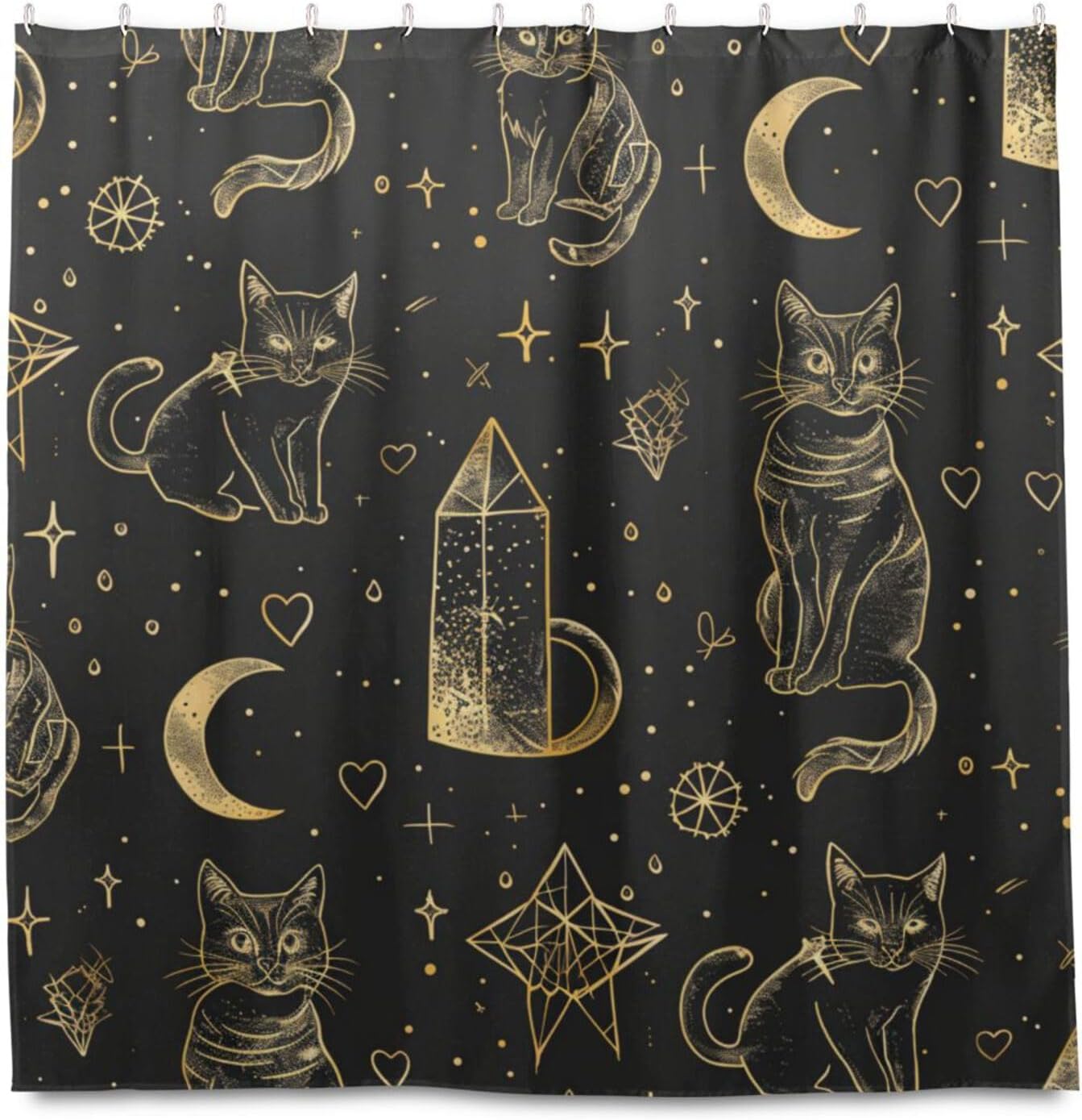 72x72 Inch Fabric Water Proof Shower Curtain with Stuff Machine Washable Shower Curtain Cloth Liner for Bath Decor Black and Gold Goth Tarot Cat