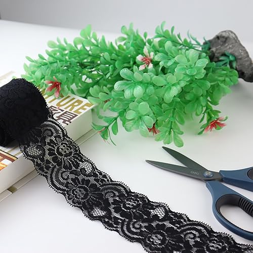 Miniatura 10 de Duuclume Tela de encaje vintage de 2.4 pulgadas x 5 yardas, ribete de encaje negro costura, cinta de encaje elástica  perfecta para manualidades,