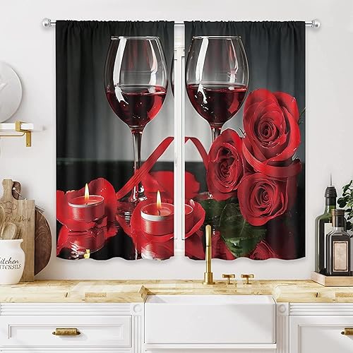 IFFVGX Cortinas de cocina con rosas rojas y vino de 27.5 pulgadas de ancho x 39 pulgadas de alto, bolsillo para barra, día de San Valentín, para