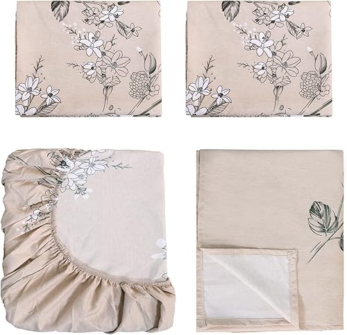 Miniatura 3 de Juego de sábanas de microfibra, estampado floral de floresramas, 4 piezas (1 sábana bajera de bolsillo profundo y elástico en todo el contorno, 1