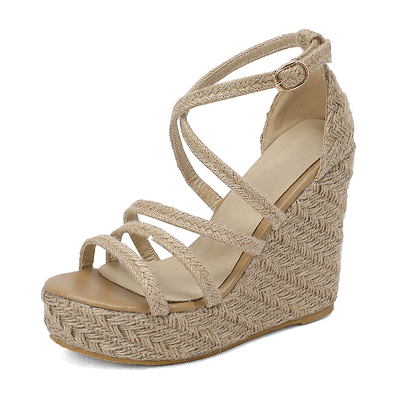 Sandalias de Esparto de Cuña Retro Mujer Plataforma de Lino Trenzado con Hebilla de Tobillo Tacones Altos Tiras Tacones de Verano para Fiestas en el Jardín