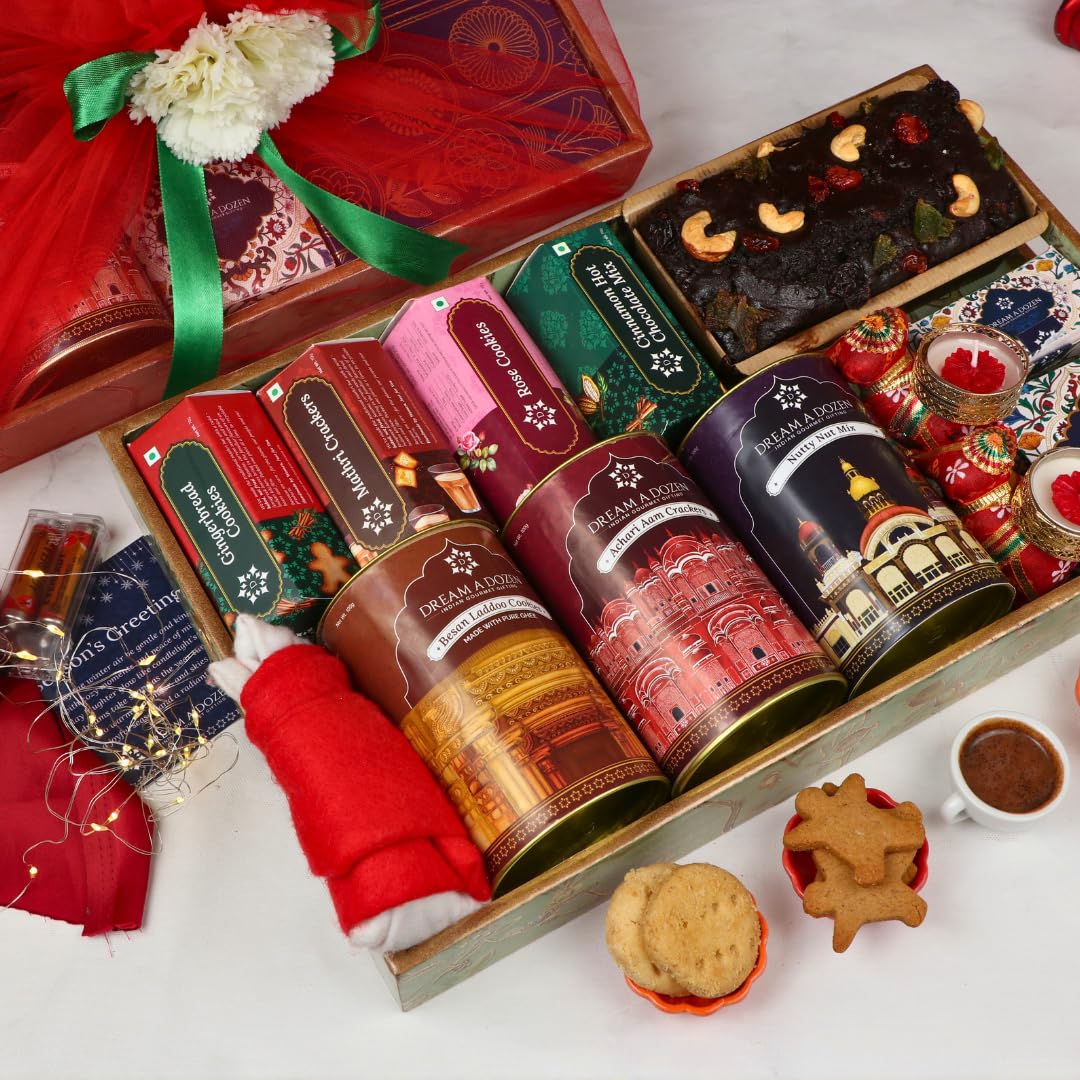 Dream a Dozen All in One Cravings Christmas Hampers | Premium Festive Gift Box with Eggless Plum Cake, Chocolates, Cookies, Snacks & Decor | Christmas Gifts for Women, Men, Friends, Family, Office | New Year Gift Hamper & New Year Hamper Box-image-24