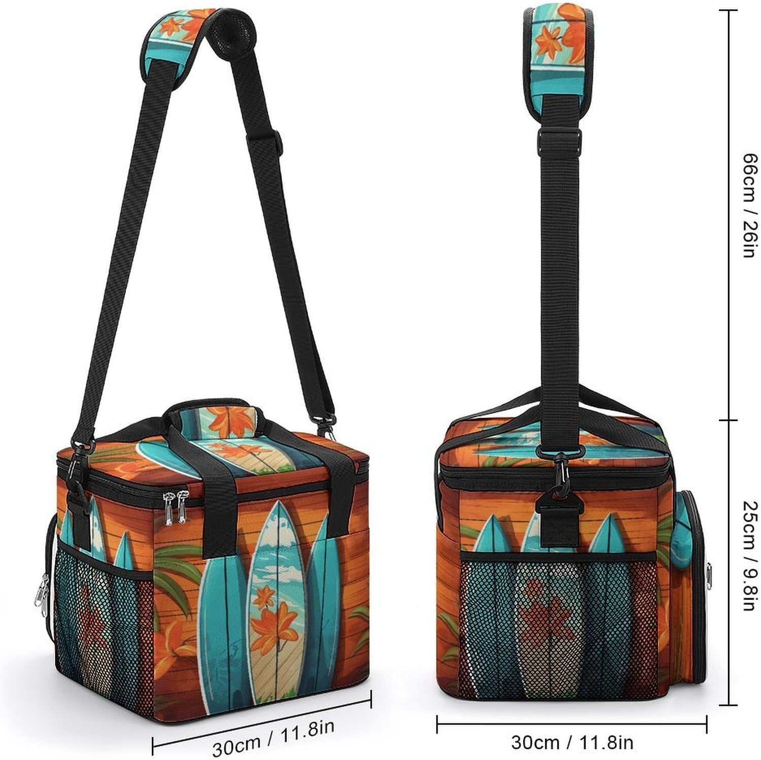 Surfboard on Wooden Cooler Bag Portable Insulated Lunch Bags Leakproof Ice Chest Large Capacity Soft Cooler Tote for Picnic Camping Work Travel Keep Food Drinks Fresh 22.5L