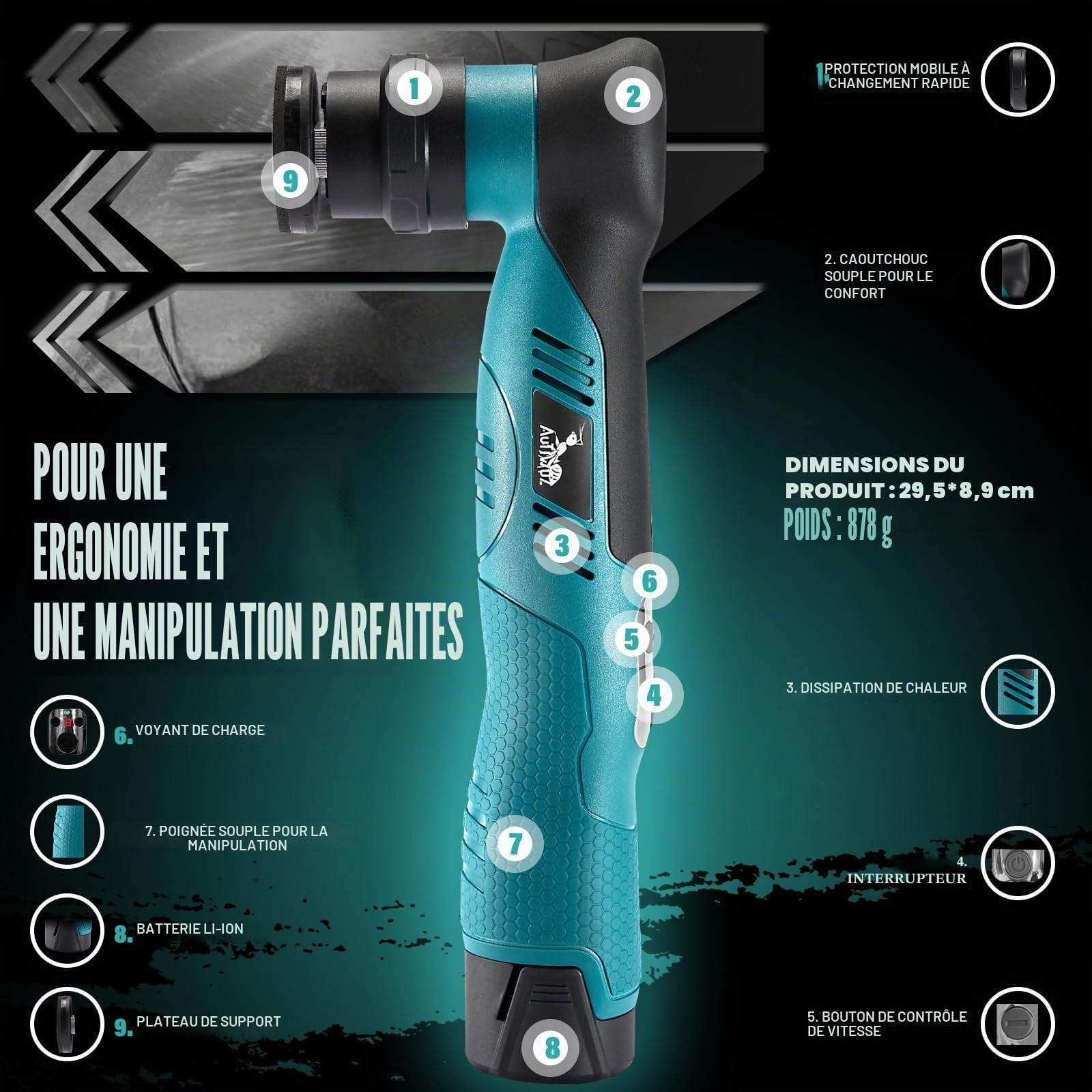 AUTIWOZ Polisseuse Sans Fil Pour Voiture, Mini 30 mm/75 mm, Élimination Des Rayures Avec Batteries Li-ion 12 V 2,0 Ah, 6 Vitesses Pour Le Détail Et Le Cirage W62