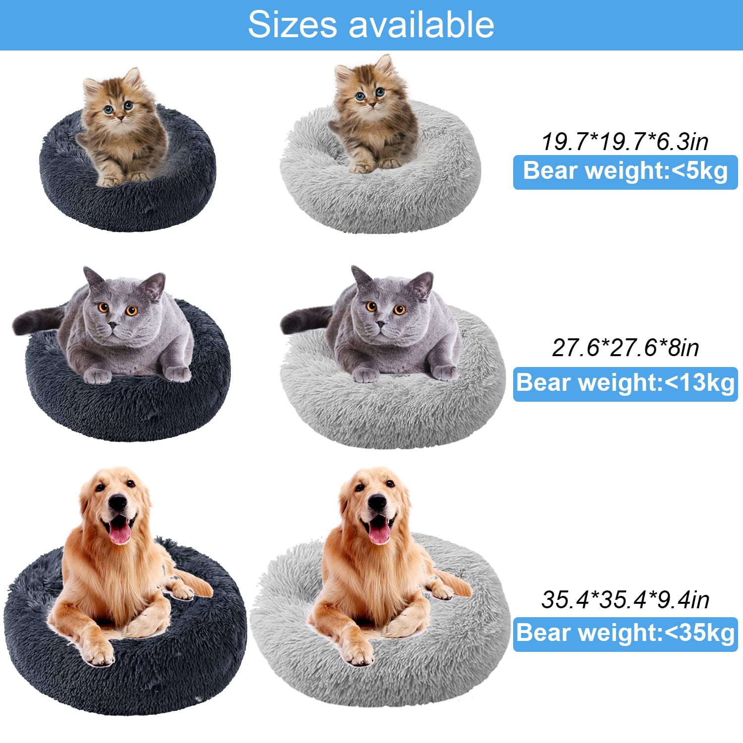 90cm Rund Hundebett Katzenbett, Plüsch Flauschig Hundekorb Katzenkissen Kuscheliges Donut, Waschbar Warm Hundekissen für Mittelgroße und Große Hunde, Katzen und Andere Haustiere (Hellgrau)