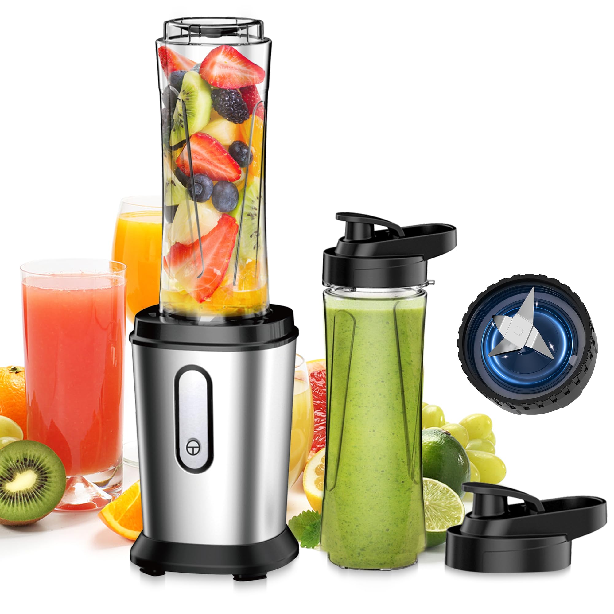 Frullatore, 500W Mini Portatile Frullatore Smoothie con 2 Bottiglie Portatili 600ml, Frullatore Tritatutto Multifunzione per Gelato, Frutta, Verdura (Argento E Nero)