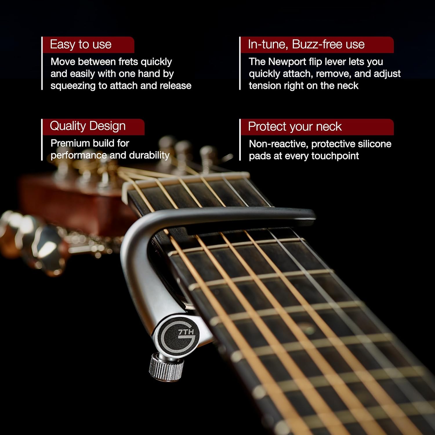 G7th Newport 5 String Partial Silver Guitar Capo - Lightweight with Adjustable Tension Control - Protective Silicone Pads - Capo for Acoustic and Electric Guitar - UK Designed
