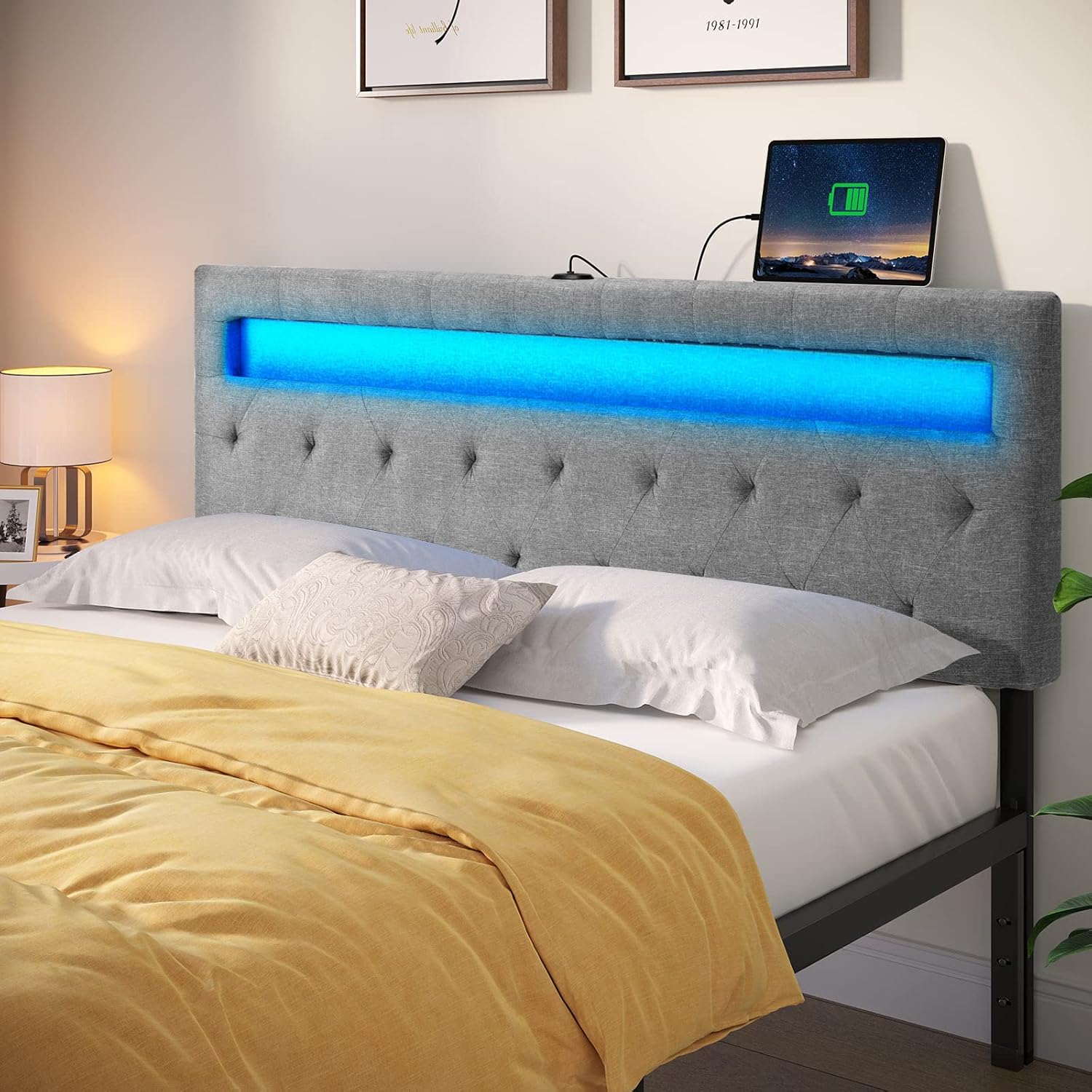 GREENSTELL Headboard for Queen Size Bed with 20 Colors of LED Light & USB Post