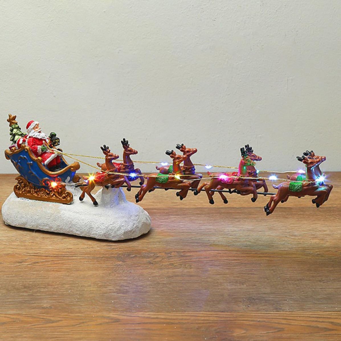 Decorazione Natalizia in Resina Renna Luminosa e Slitta Musicale per Casa, Ornamento Natalizio Luce LED per Feste di Natale