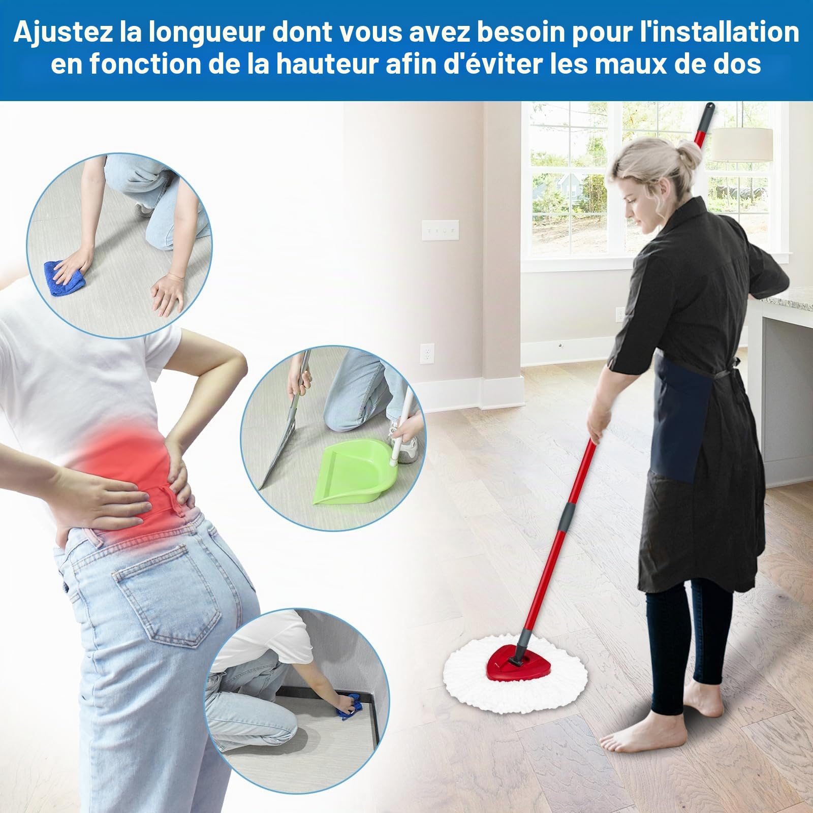 DLAIMI 1PCS Poignée pour Vileda Spin Turbo Mop Accessories，Easy Wring Mop Handle for Floor Cleaning 4-Sections with Adjustable