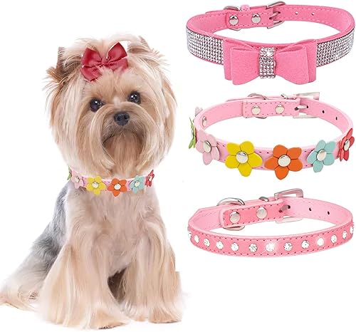 3 collares de perro para niña collar de cuero para cachorros collares de perro rosa con lazo floral de diamante collar chihuahua en miniatura