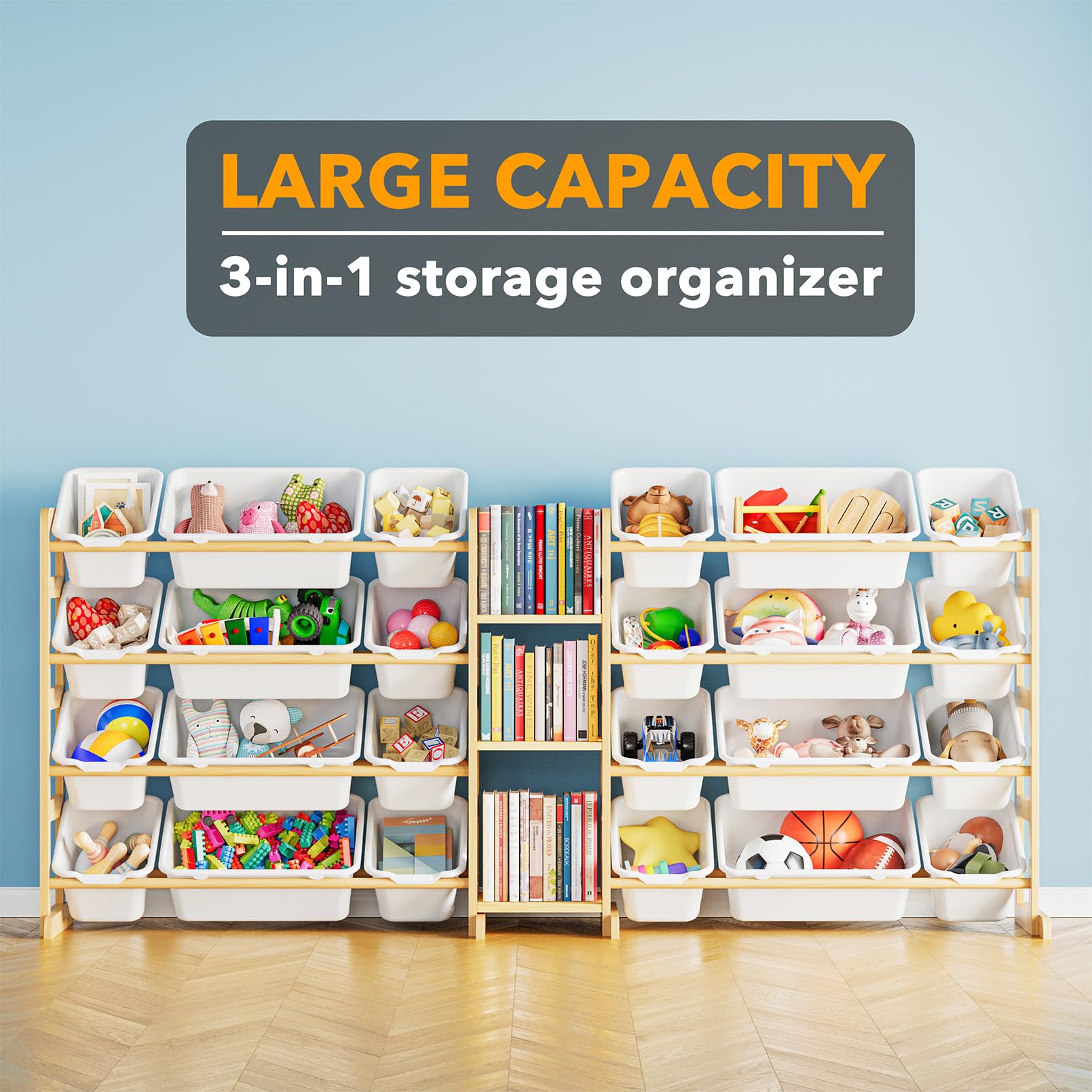 SpaceAid Large Toy Storage Organizer with 24 Bins and 3 Shelves, Toy Organizers Storage Bookshelf, Kids Bin Shelf Box Bookcase for Bedroom Playroom Organization Room Decor, White