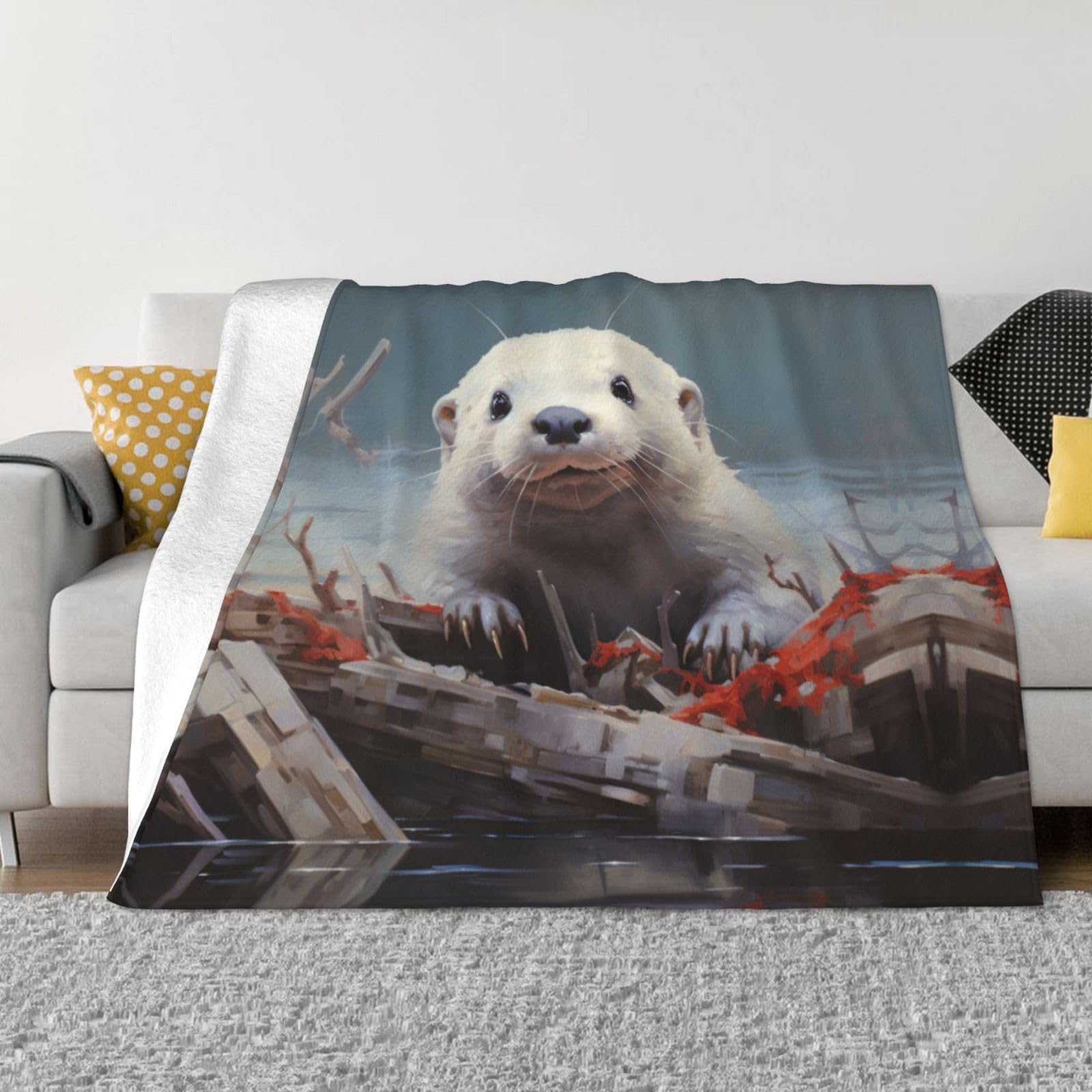 Coperta decorativa morbida e calda in flanella per bambini, cane, gatto, 127 x 152 cm, stampa lontra bianca