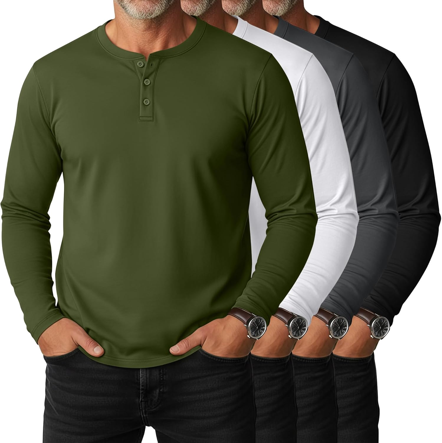 4 Pack Men's Big and Tall Henley T-Shirts, Long Sleeve Loose Fit Button Tees Plus Size Casual Basic Fall Shirts