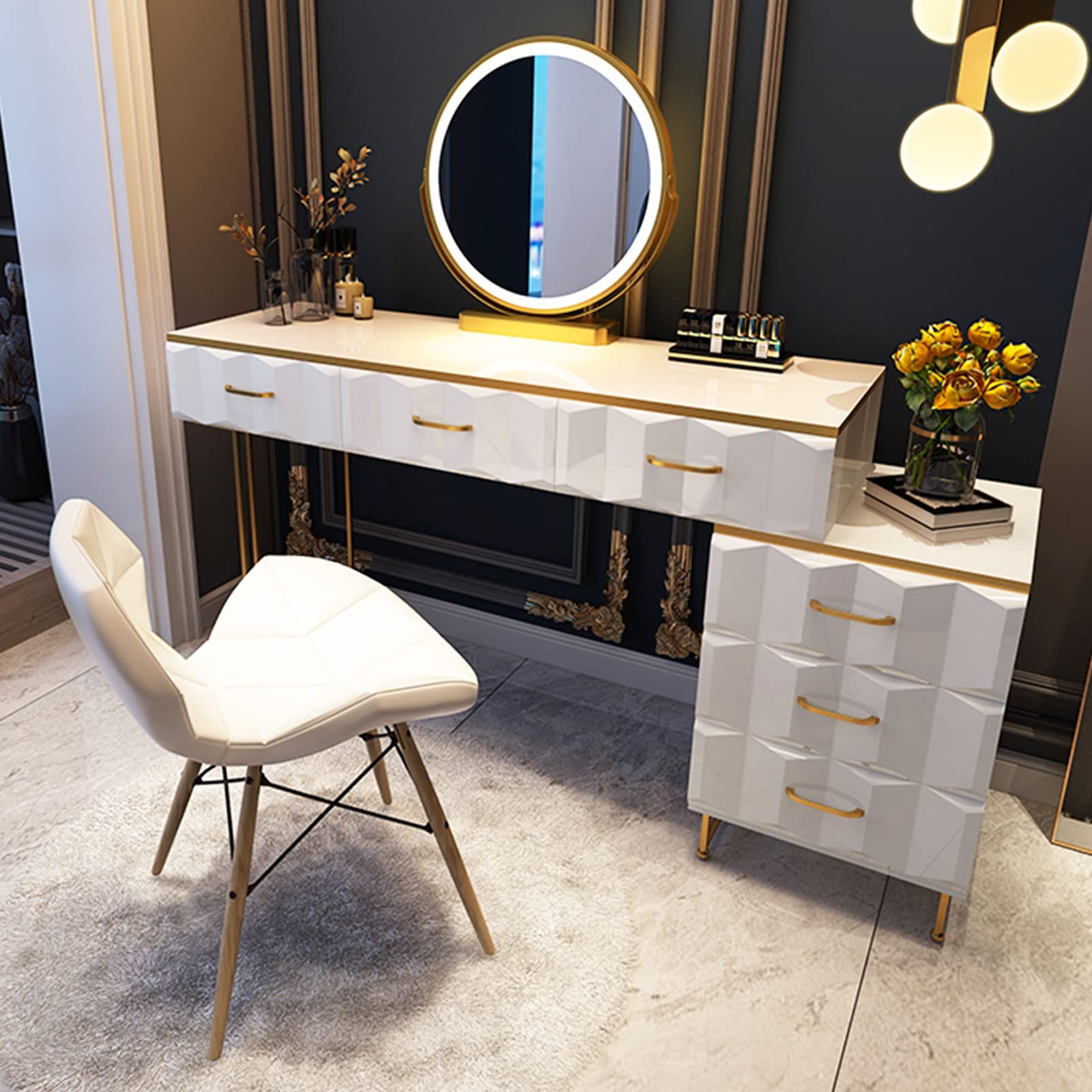 CGCSYZ White Makeup Vanity Desk, Dressing Table set with stool and LED Lighted Mirror, Modern Vanity Table with storage cabinet, for Ladies bedroom Studio(White B-120cm/47.2in)