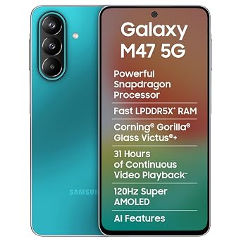 Samsung Galaxy M47 5G Mobile (Blaze Blue, 6GB RAM, 128GB Storage, 6000mAh Battery)| 50MP OIS| Snapdragon Processor| LPDDR5X RAM,UFS 3.1 Storage| Gorilla Glass Victus+| sAMOLED| Knox Security| AI