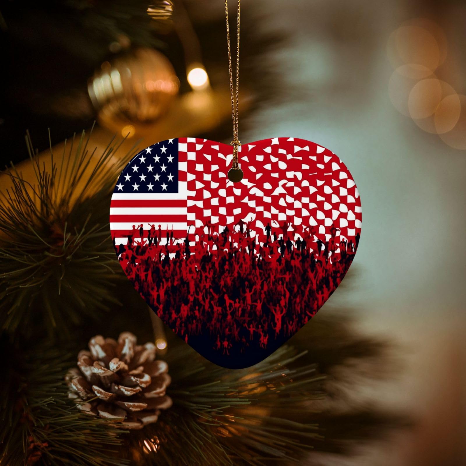 Christmas Tree Ornaments Ceramics Christmas Decorations Flag and Crowd Ornaments with Gold Ribbon Porcelain Xmas Tree Crafts Heart Shape Hanging Pendant for Christmas Tree Party Decor