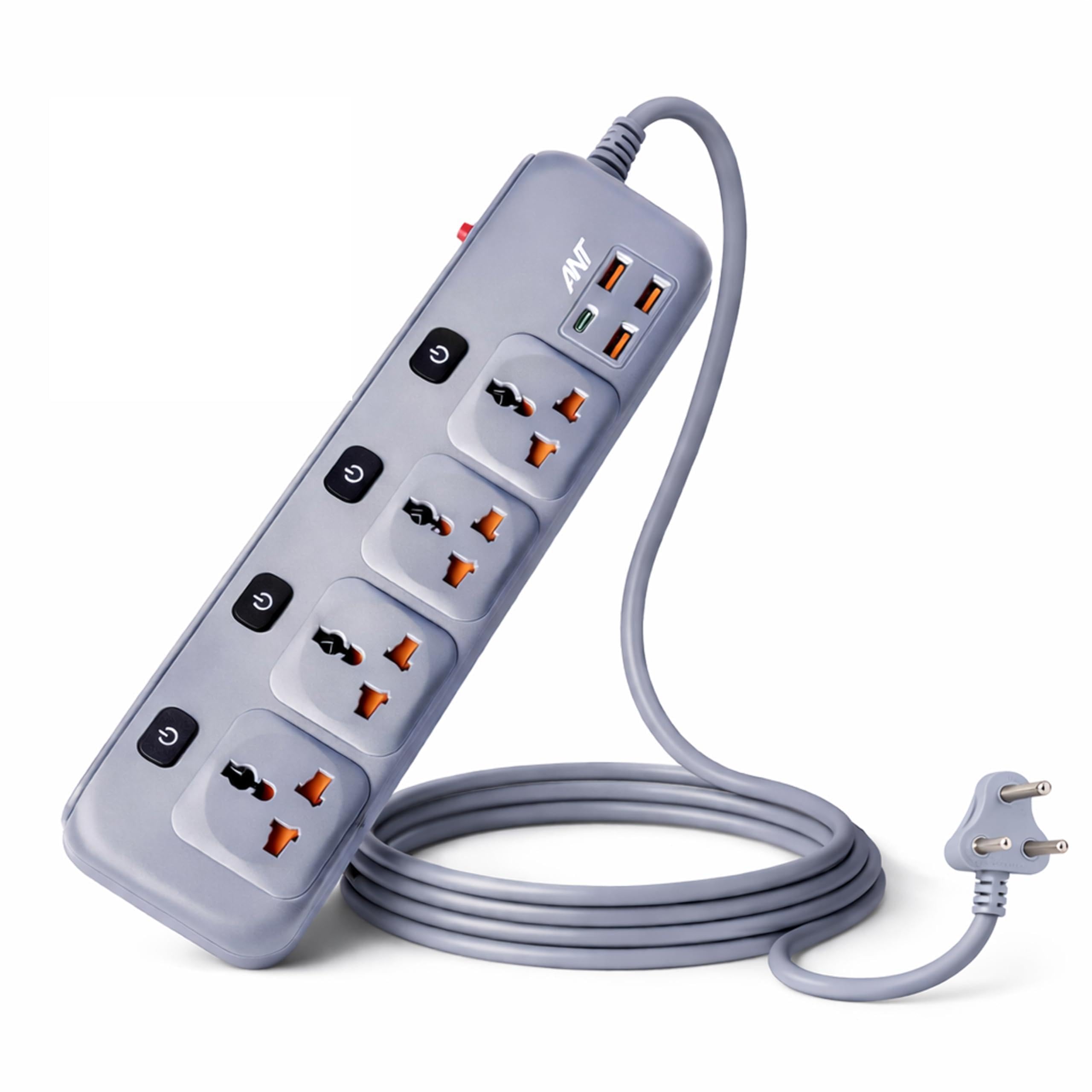 Ant PS431 Power Strip Individual Power Switch,10ft Universal Extension Cord 4 AC Outlets 3USB 1Type C PD Port, Max 2500W, 220-250 Volts, Multiple Outlet Extender for Home Office Store_ Grey