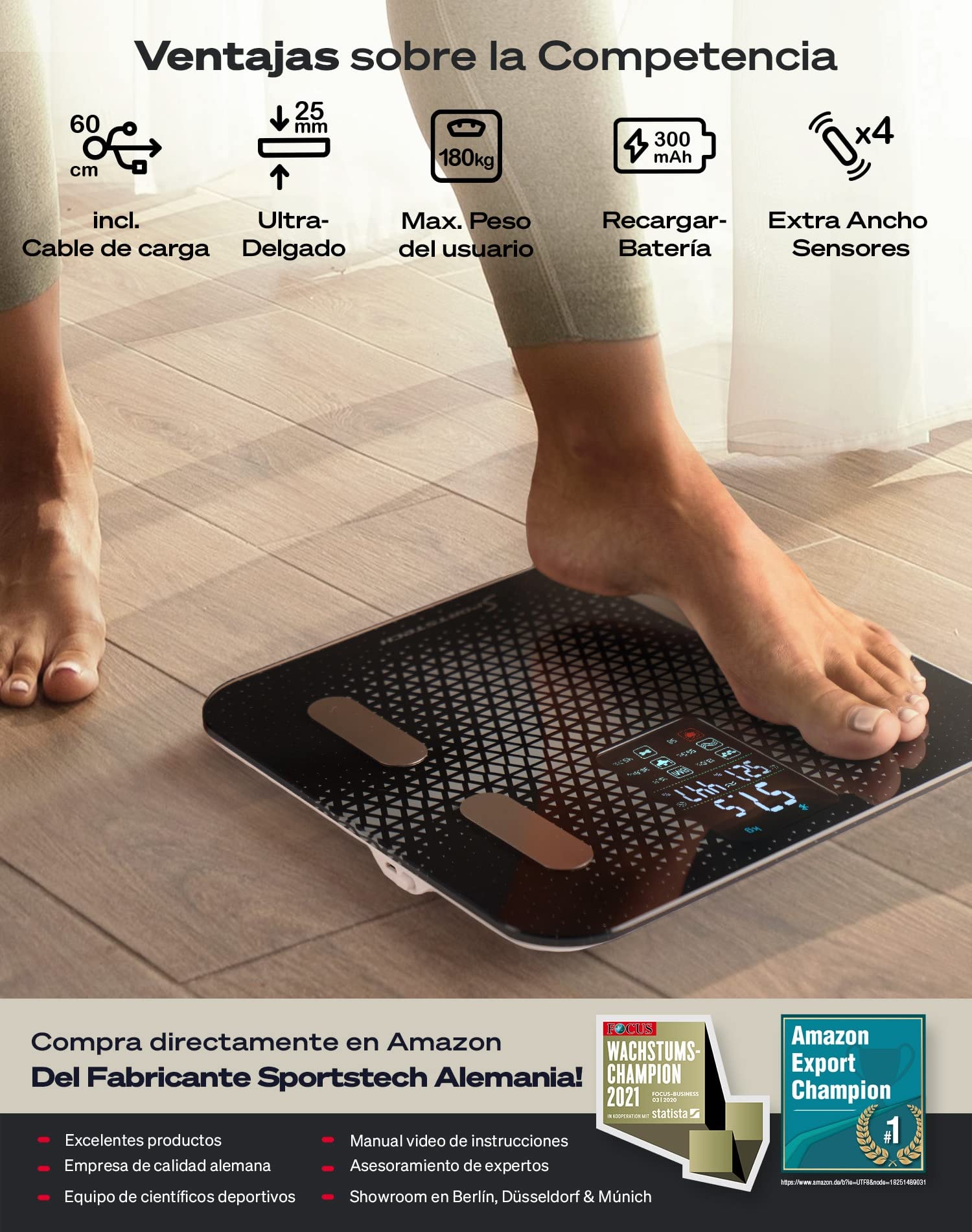Sportstech Báscula Digital Análisis de Grasa Corporal y Masa Muscular + Pantalla Extra Grande | Báscula de baño de hasta 180 kg | Pesa con Bluetooth y App de bajo consumo | Batería de 30 días | BBS300