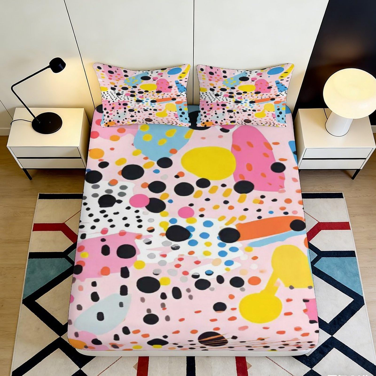 3D Printed Abstract Colorful Fitted Sheet Microfiber Soft Decorative Geometric Mattress Cover for Bedroom Dorm Easy Care 90x200x25cm
