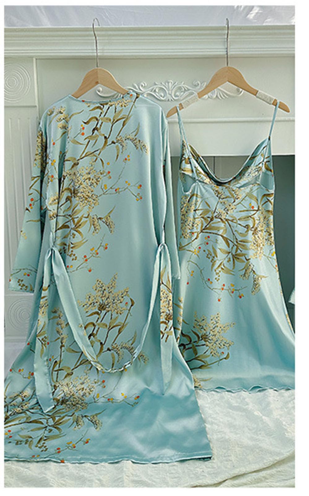 Generic Satynowa damska jedwabna koszula nocna Cami z zestawem szat 2-częściowa bielizna nocna Seksowna koszula nocna Kimonos,Light green,M