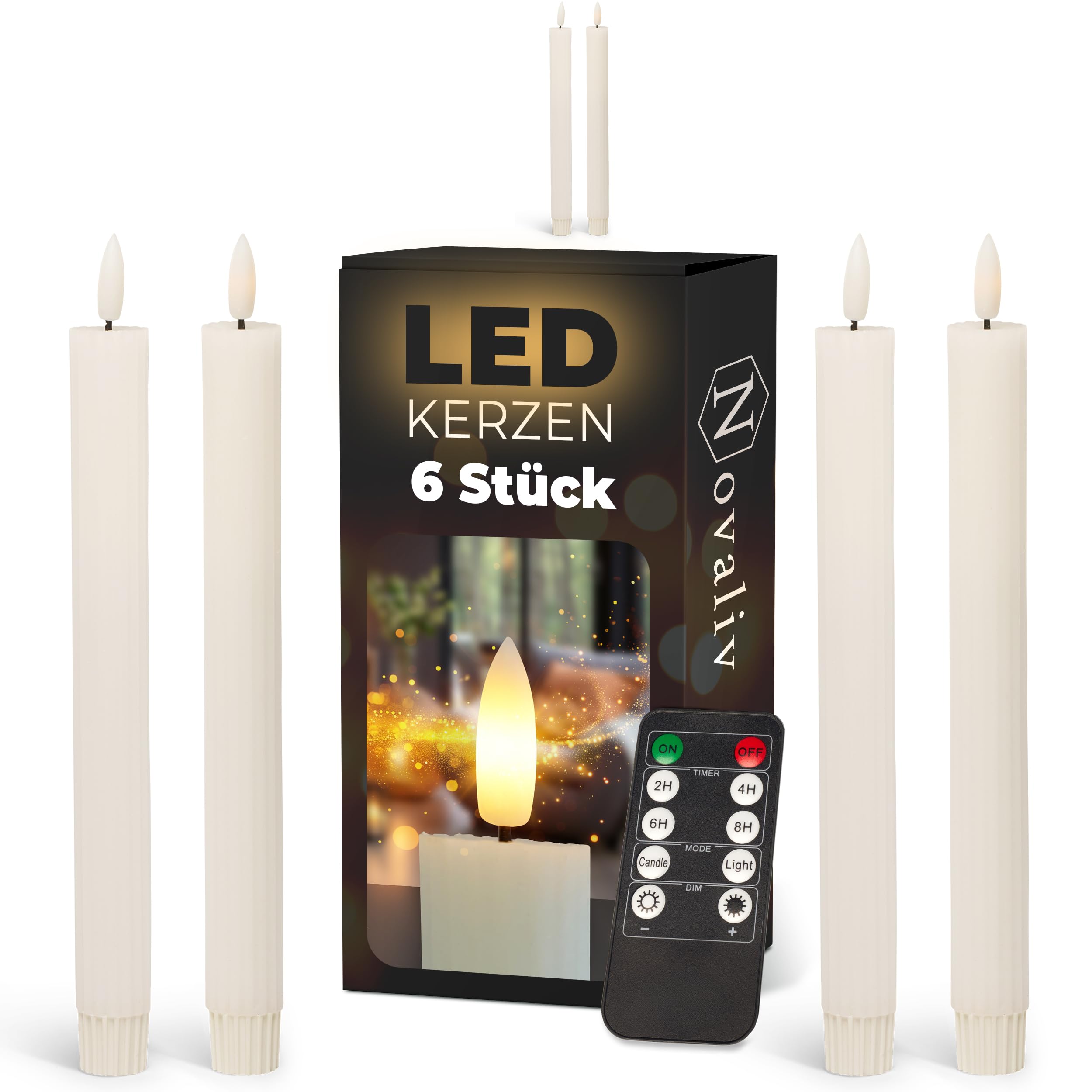 Świece prętowe LED z timerem, białe, 6 sztuk do użytku wewnątrz – 6 godzin – prawdziwy wosk, żebrowane 23 cm, wysokość do świec 2,2 cm, średnica 2,2 cm, 2 baterie AAA, niezbędne świece LED, zestaw 2