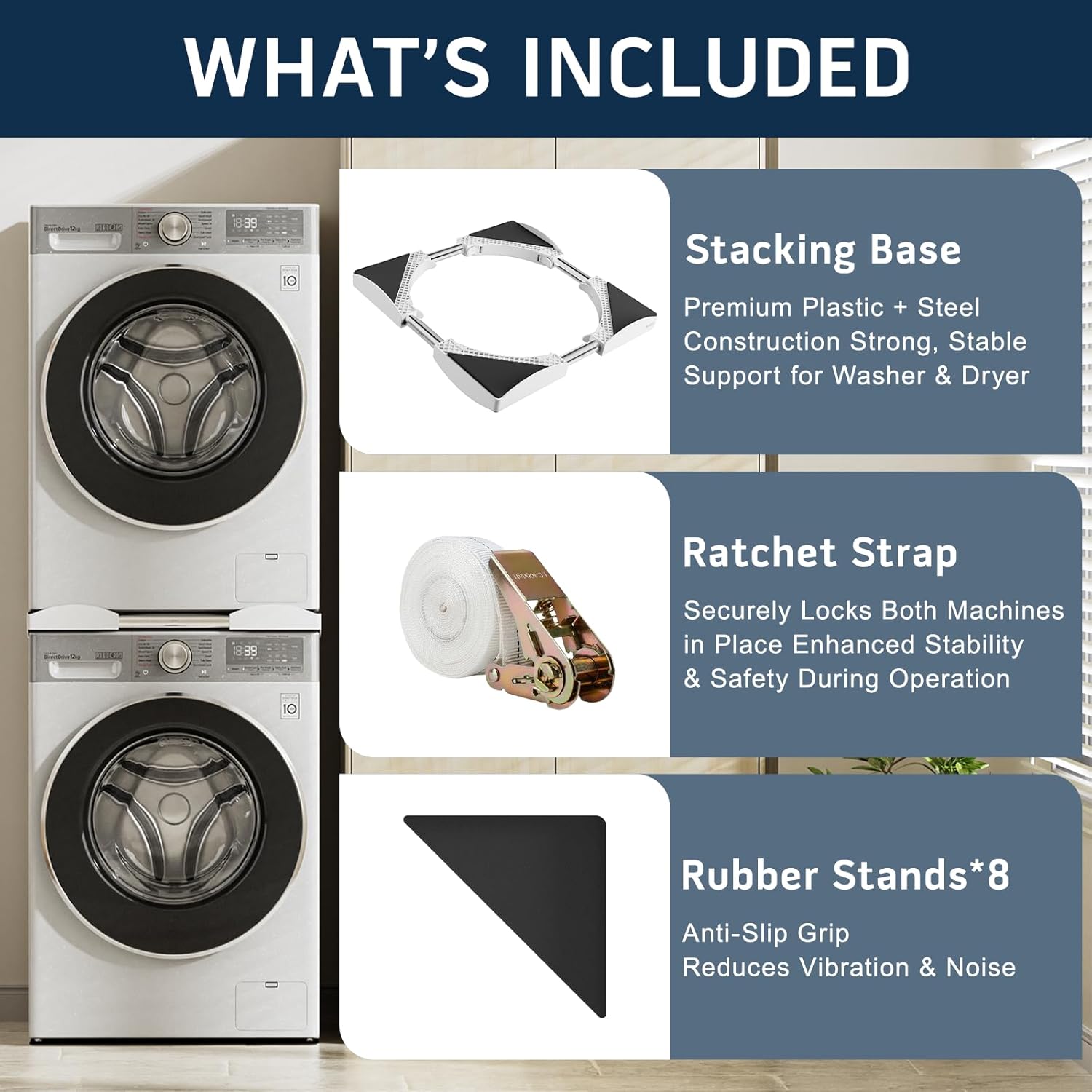 Washer Dryer Stacking Kit for 22–27 Inch Stacking Kit for Washer And Dryer Stackable Adjustable Kit for Dryer Machine and Washing with Ratchet Strap Space Saving Laundry Stacker for Laundry Rooms