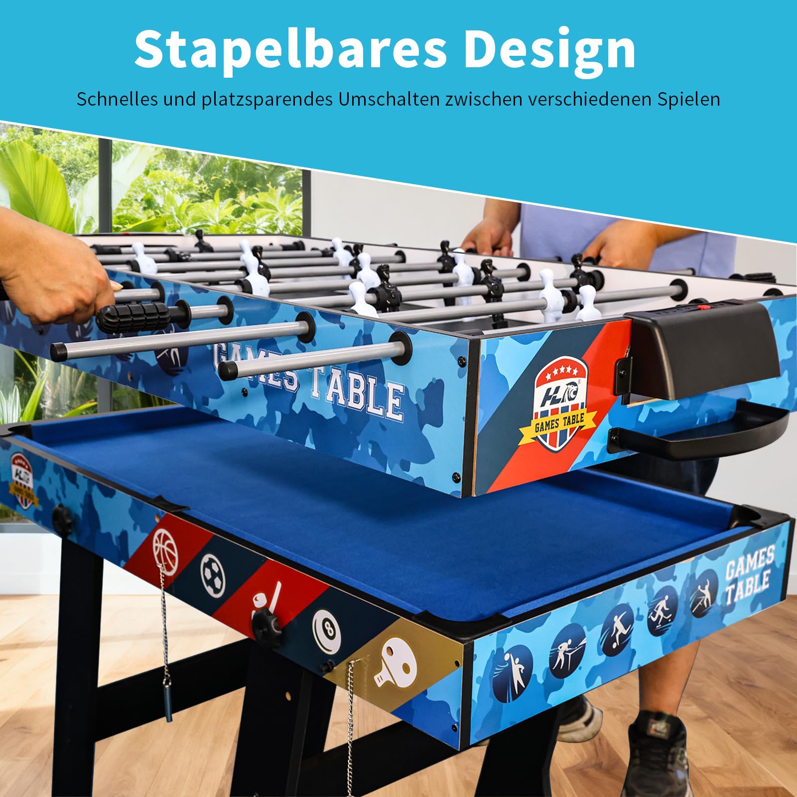 hotsizz 5-in-1 Faltbar multifunktionstisch,Tischfussball/Billardtisch/Tischtennisplatte/Airhockey Tisch/Basketballkorb, EIN Spieltisch, der für Erwachsene und Kinder geeignet ist