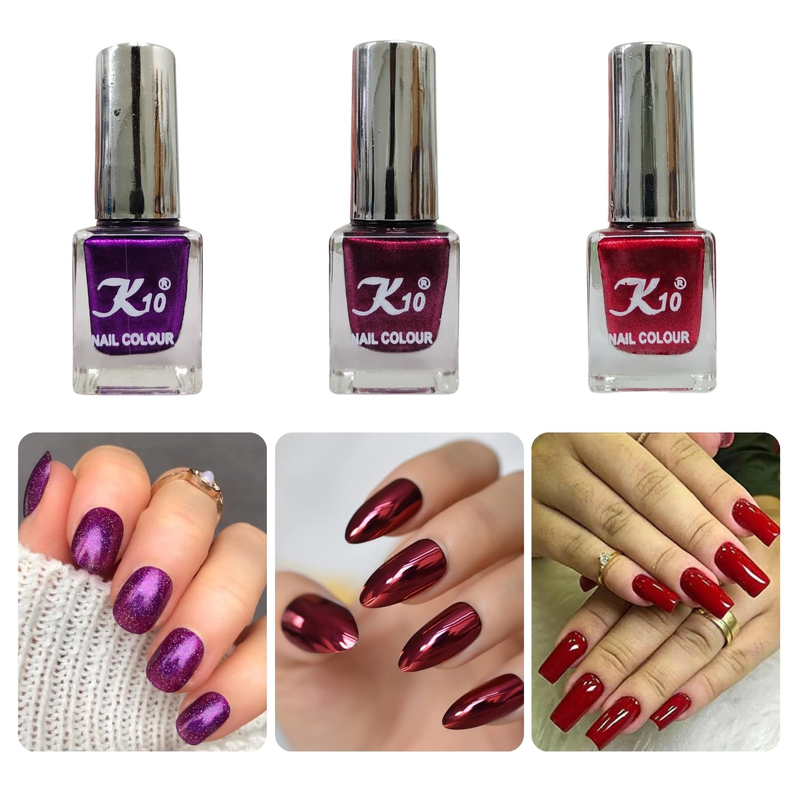 K10 Nail Polish| Metallic Finish Nail Paint|Quick Drying| Non UV Polish - Gel Finish |Chip Resistant Long-Lasting Multicolor Nail Paint for Women and Girls |Purple-Dark-Red-Maroon Set of 3 (12ml each)-image-44