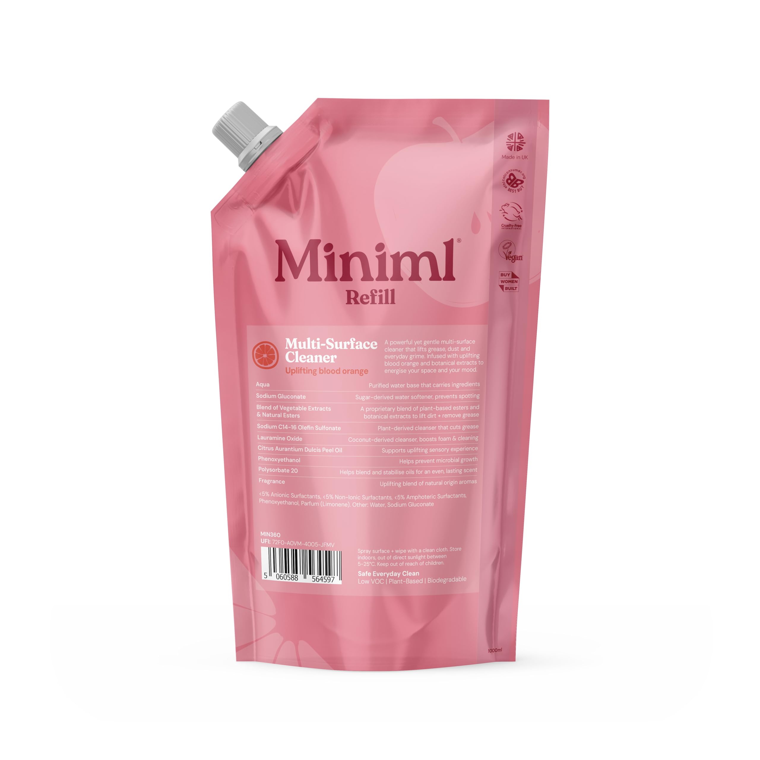 Miniml Eco Multi Surface Cleaner General Purpose 1L Refill Blood Orange Scented for Cleaning All Surfaces Floors Walls Glass Kitchen Bathroom Natural Plant Based Vegan Formula & Cruelty Free