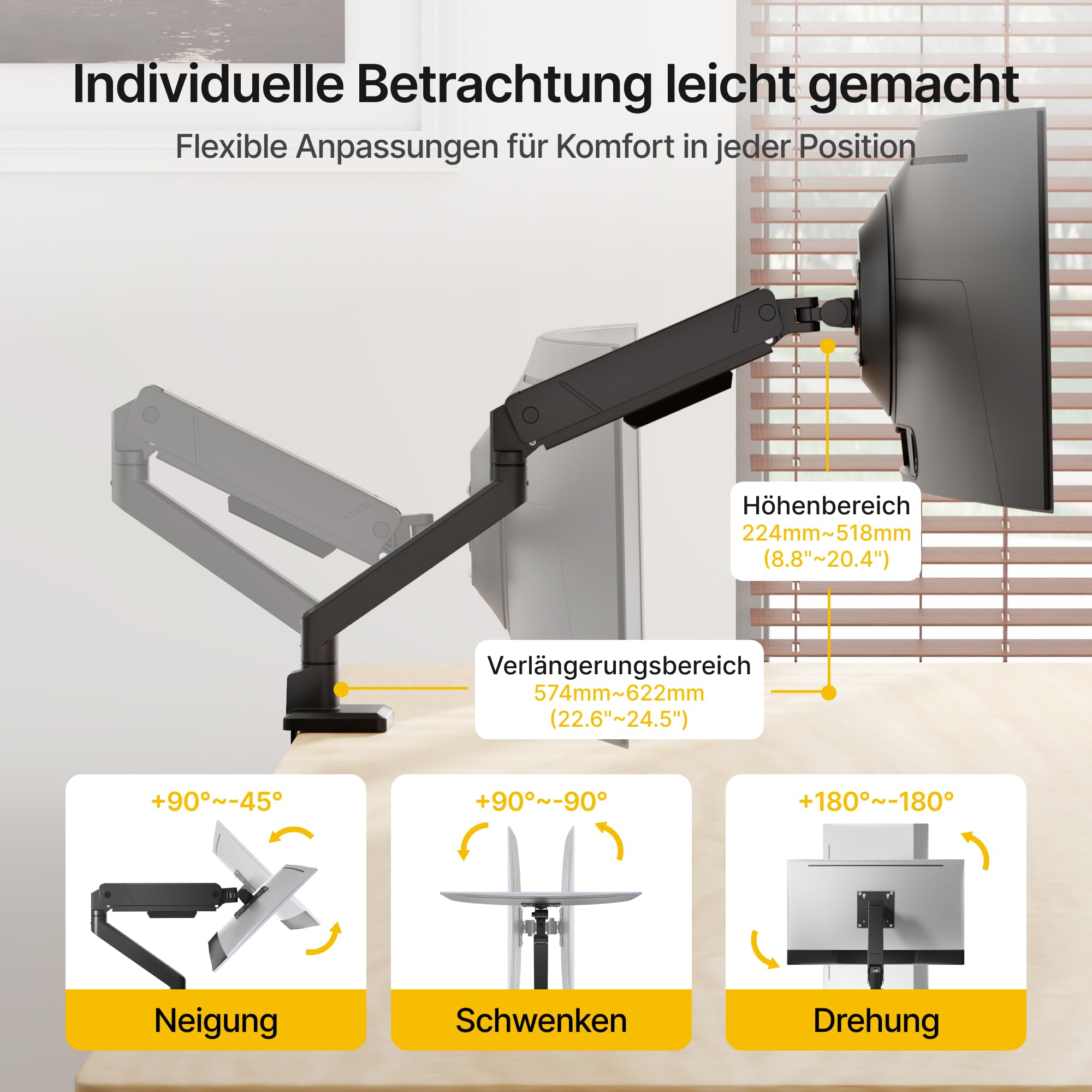 monTEK Monitor Halterung für 17-45 Zoll Bildschirme | Monitor Arm hält 1-16 kg, VESA 75/100, Neigbar, Schwenkbar, Drehbar