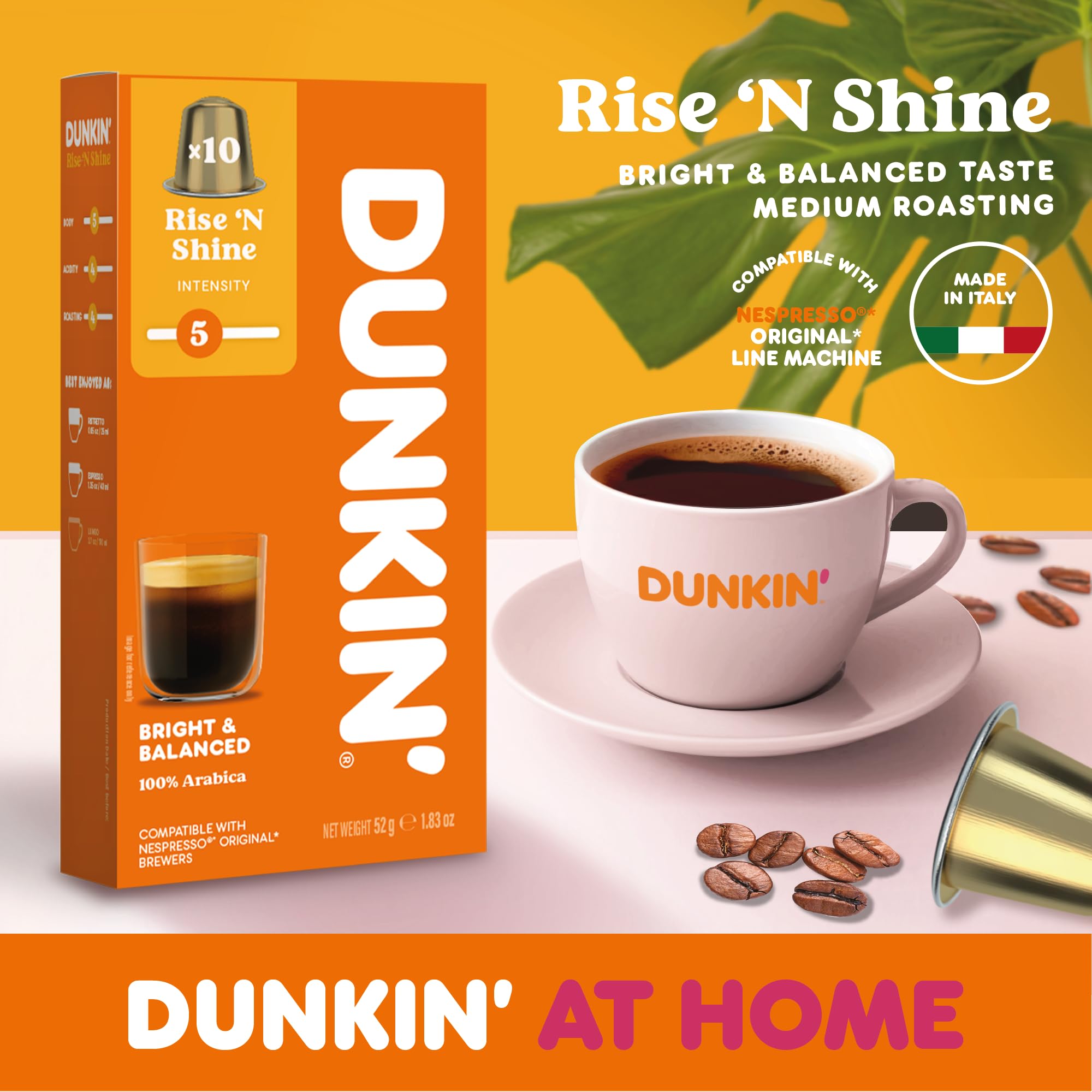 Dunkin’ Donuts Rise ’N Shine – 100 capsule di caffè – 100% Arabica – Tostatura chiara, gusto fresco e leggero – Caffè delicato ed energetico – Compatibile con macchine Nespresso