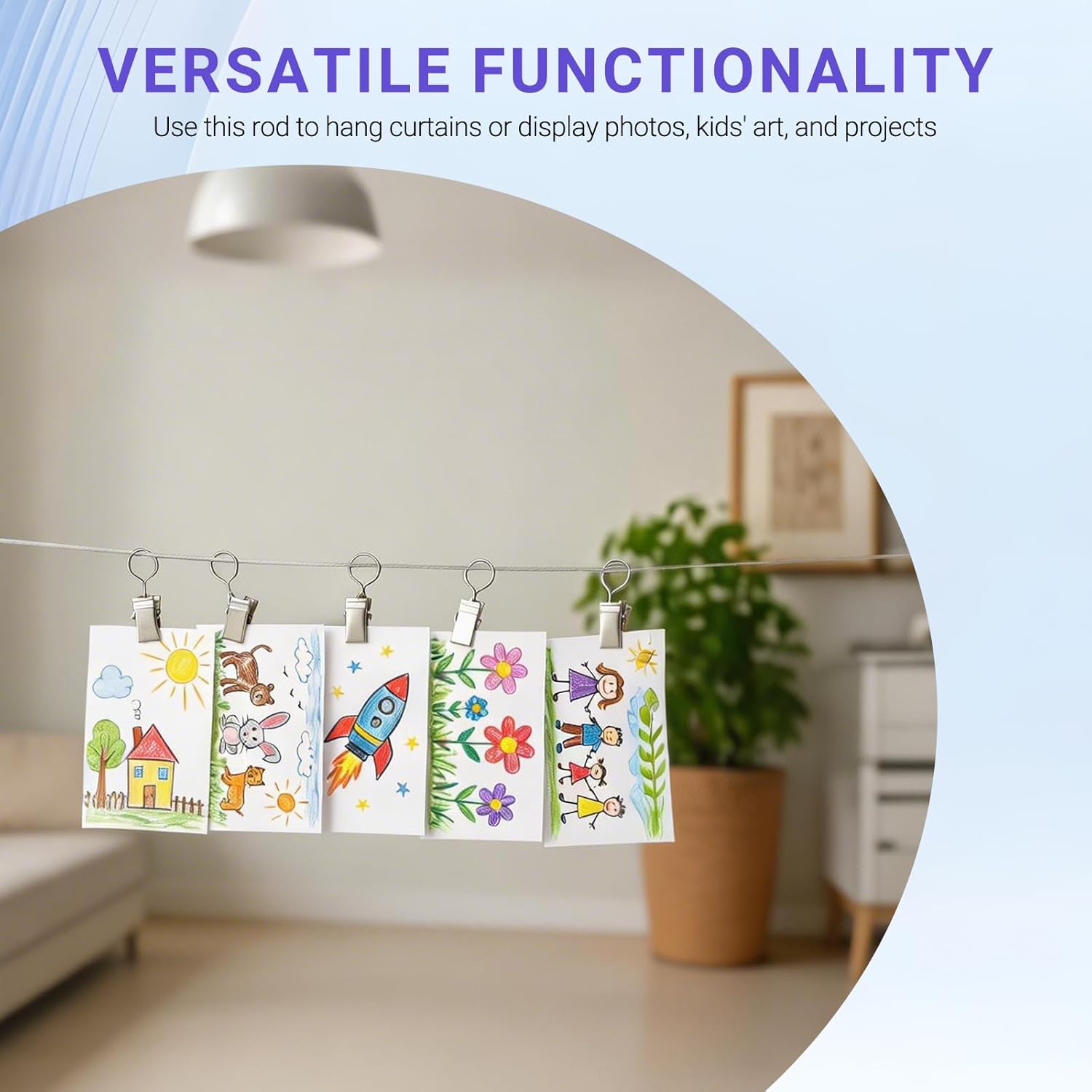 Wall Mount Curtain Wire Rod Set 16.5ft with 20 Clips – Stainless Steel Hanging Wire for Curtains, Photos, Notes, Artwork, and String Lights