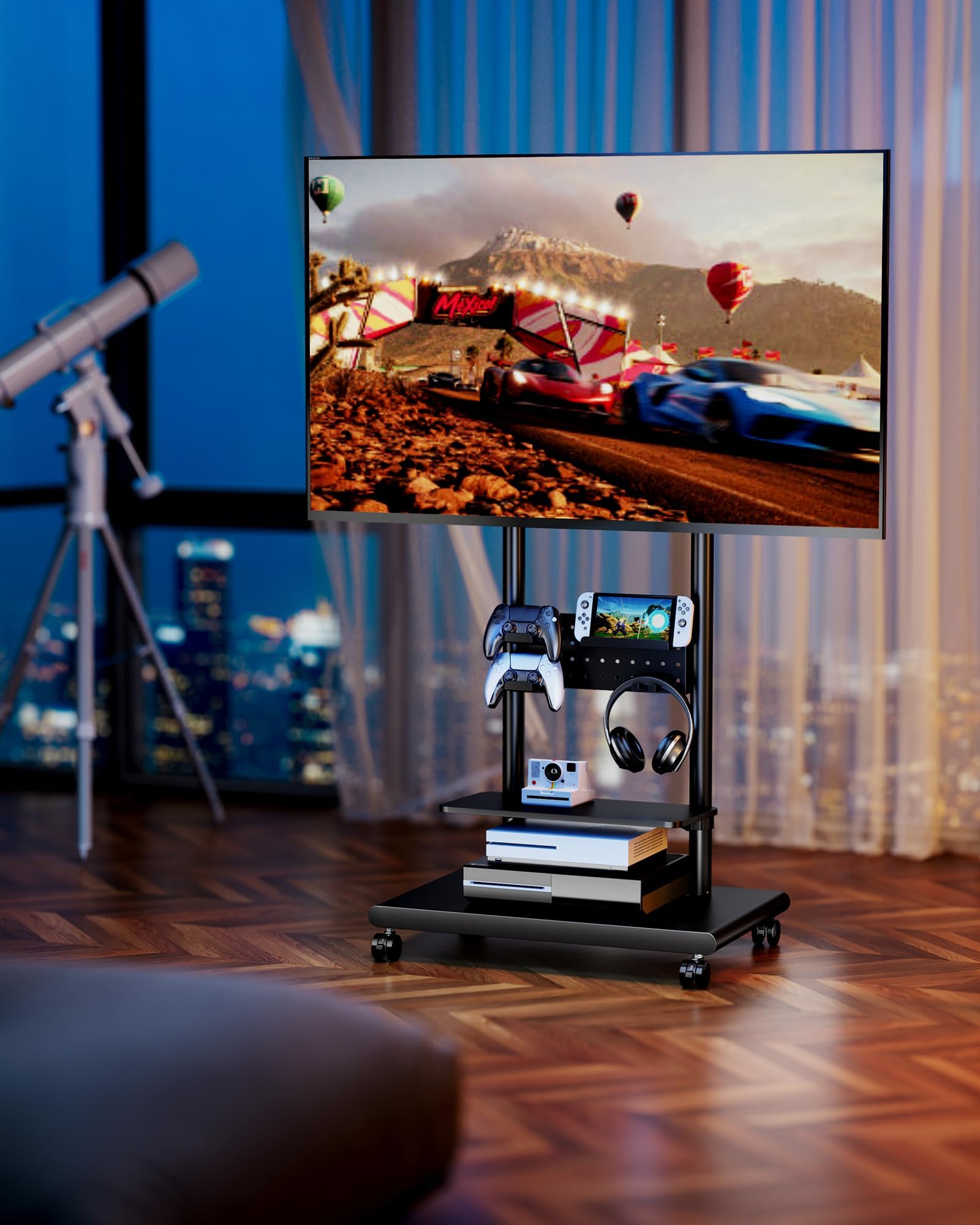 Mobile TV Stand on Wheels for 37-75 inch TVs up to 70kg, Swivel Mobile TV Cart with Shelf & Pegboard, Height Adjustable Rolling TV Trolley with Steel Base, TV Floor Stand Max VESA 600x400mm — view 10