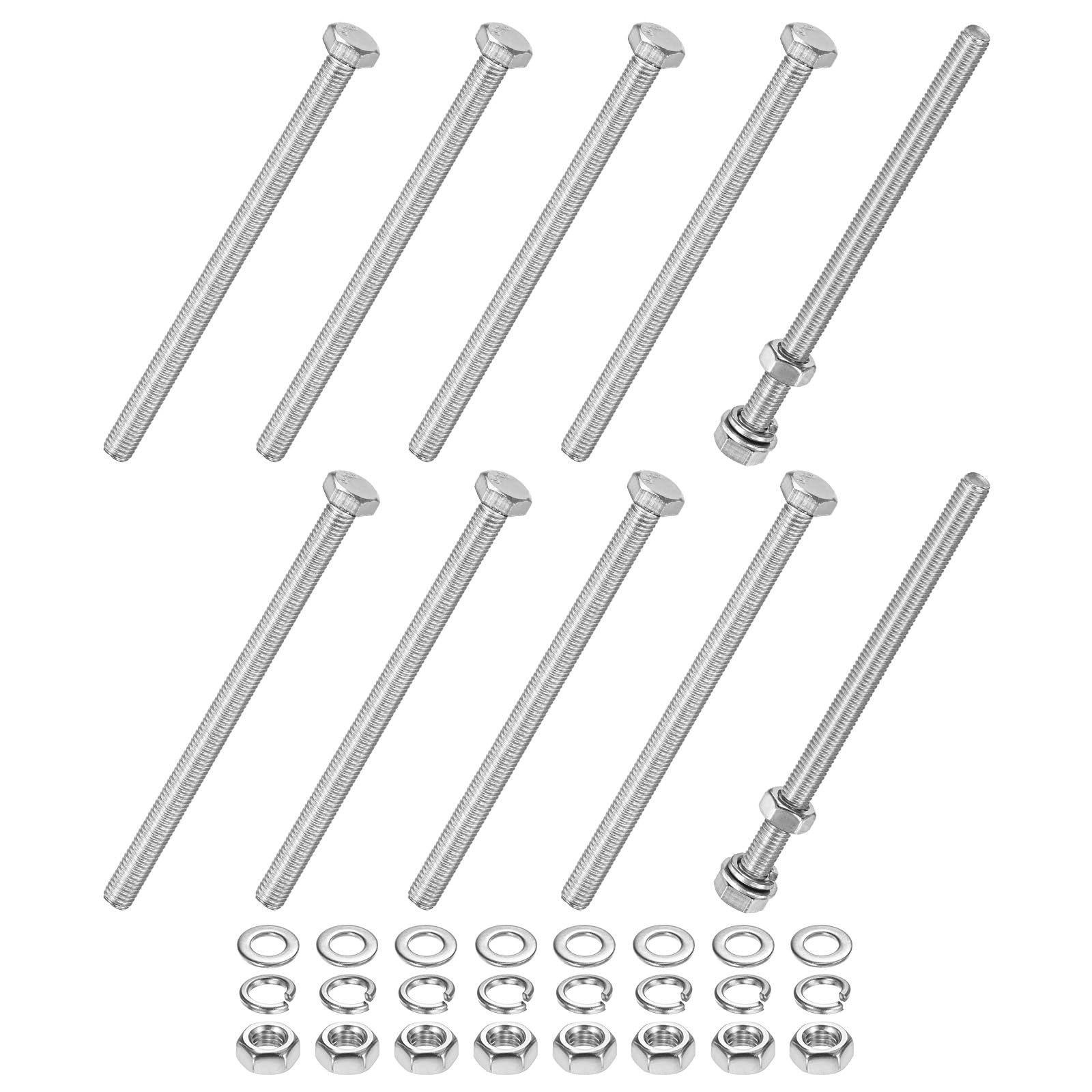 M METERXITY 10-Pack Hex Head Screw Bolt with Nuts Flat & Lock Washers M5x80mm Stainless Steel Bolts and Nuts Kit Fully Threaded Metric Bolt Assortment for Equipment/Machinery