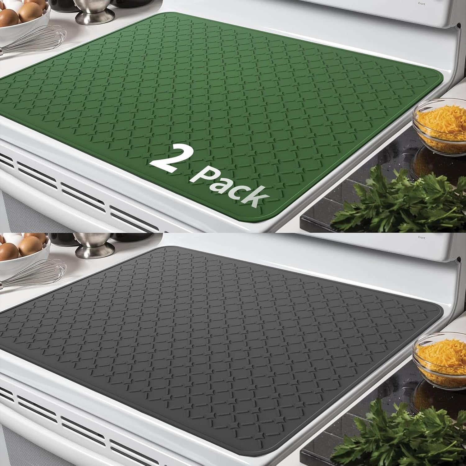 Stove Top Cover for Electric Stove 2 Pack, Silicone Stove Mat for Glass Top Stove, 28×20 Inches Heat Resistant Glass Cooktop Protector, Gray + Dark Green