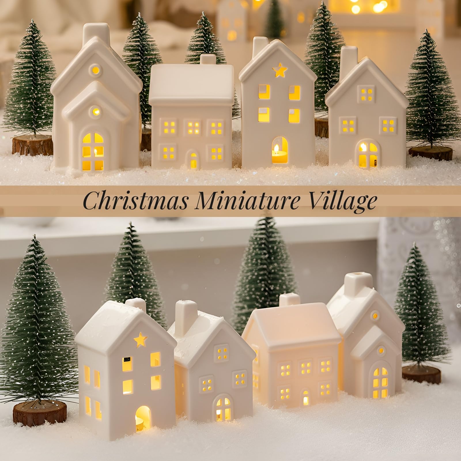 Wesiti Lot de 9 maisons de village de Noël en céramique blanche pure | Mini sapin de Noël lumineux à DEL, accessoire d'hiver, figurine décorative pour Noël, bureau, maison, table, chambre