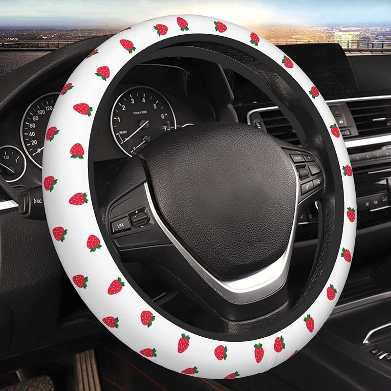 Capa para Volante de Carro Estampa Morangos TINUADEE em Poliéster para Volantes de 37 a 39 cm