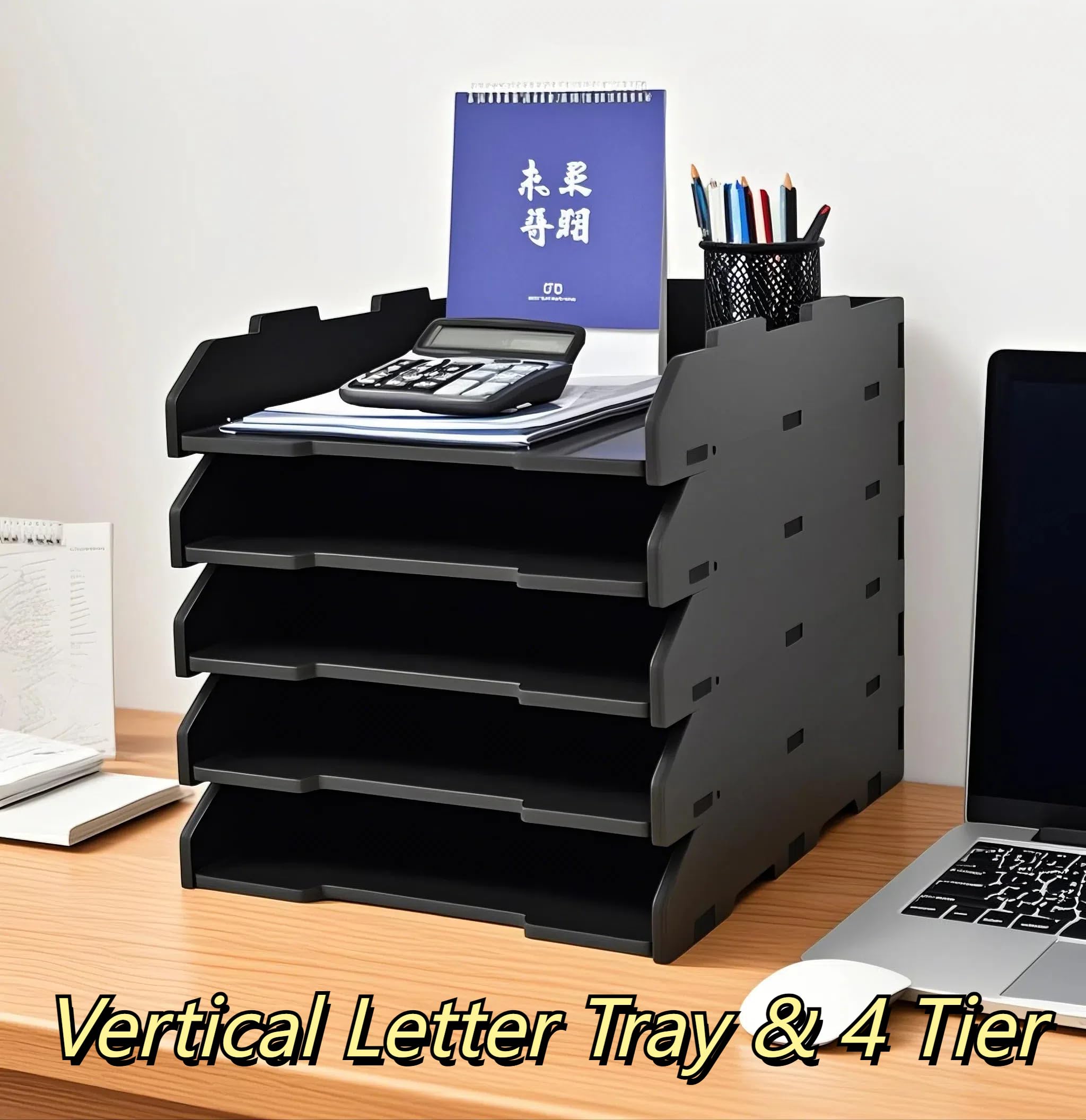 YFS Briefablage aus Papier mit 3 Ebenen, A3, stapelbarer Organizer für Bürobedarf, kleine Papierablagen, Bürobedarf, Schreibtischzubehör und Arbeitsplatz, Schwarz (A3, schwarz, horizontal, 3 Ebenen)